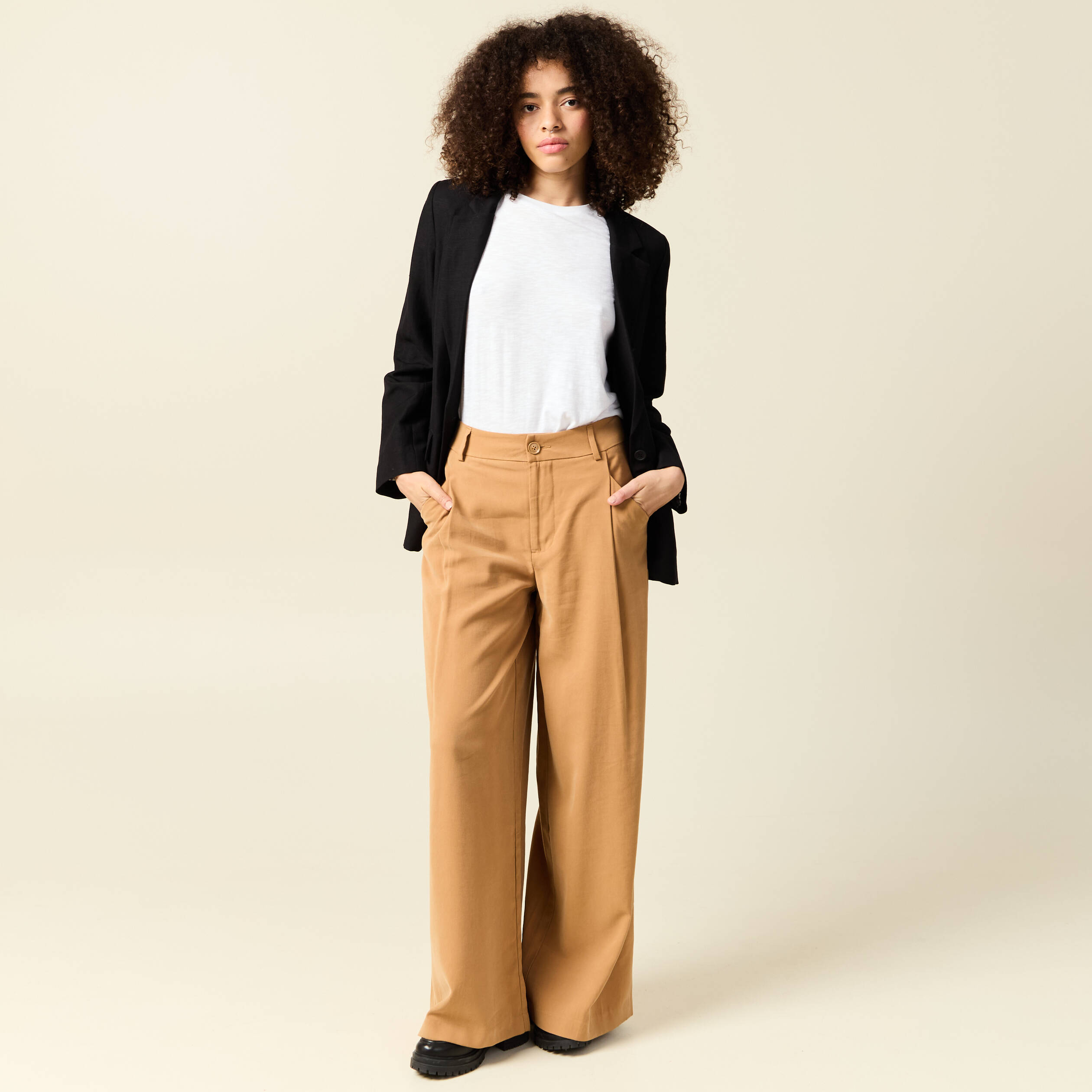Pantalon large taille haute marron clair femme