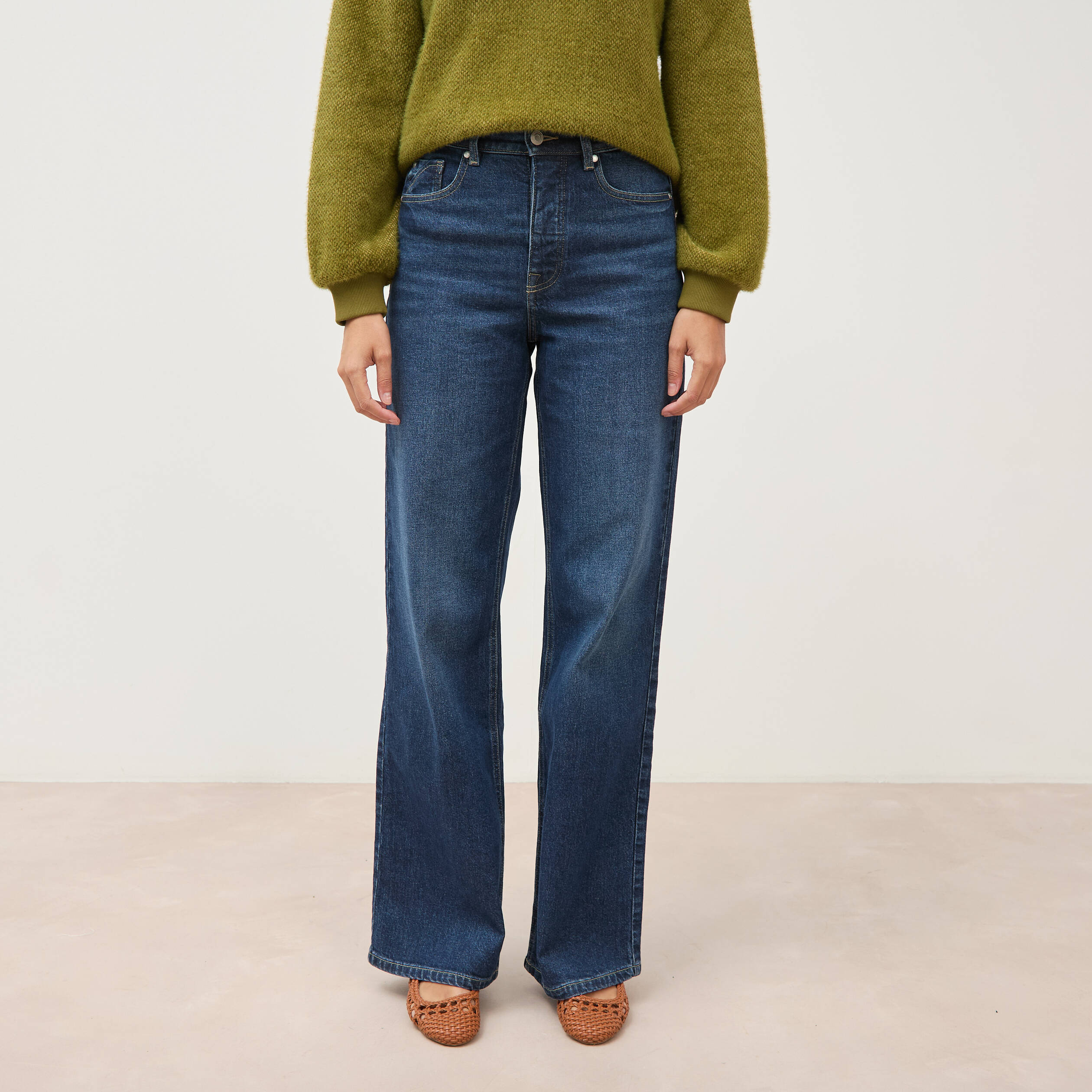 Jeans large taille haute denim brut femme