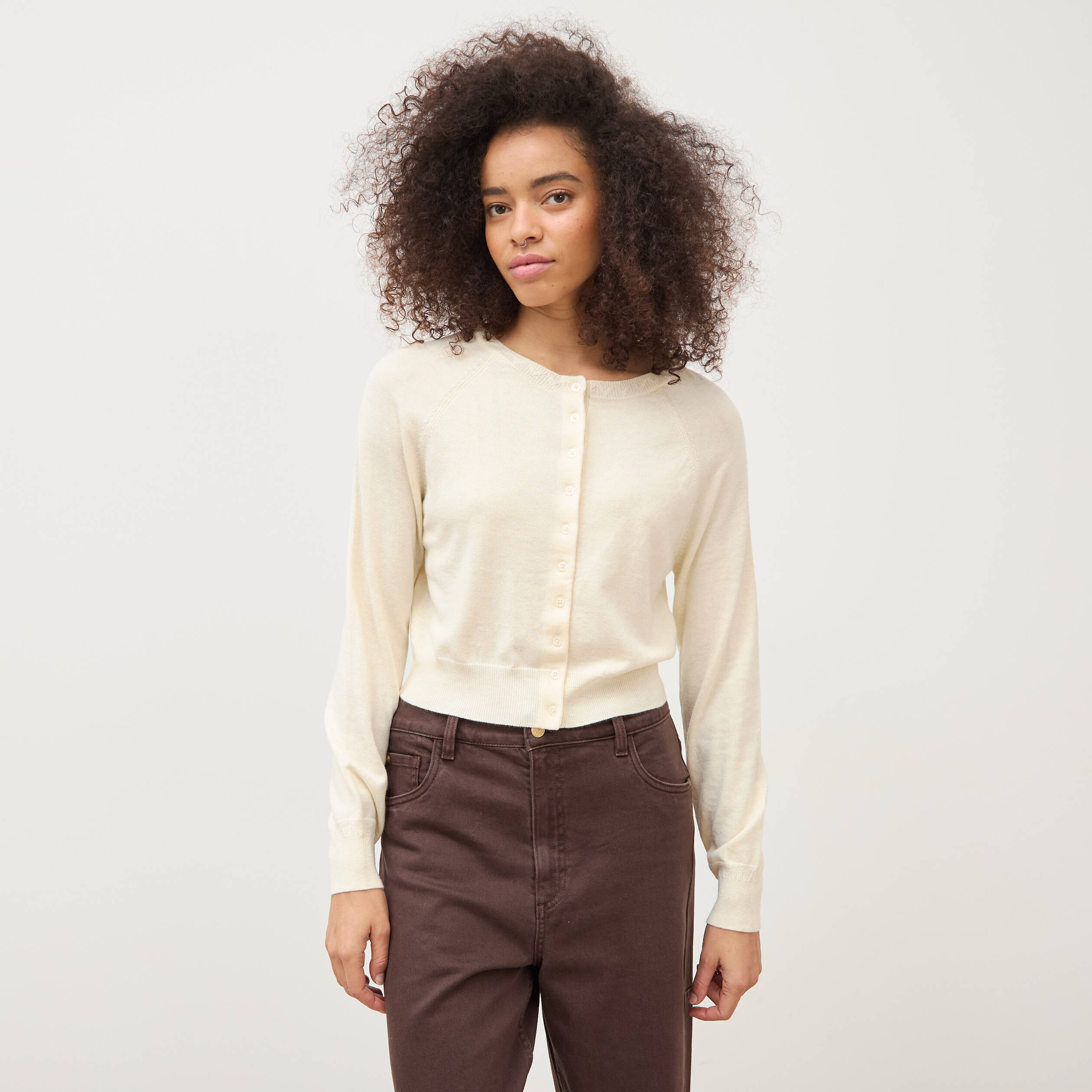 Gilet droit cropped manches longues creme femme