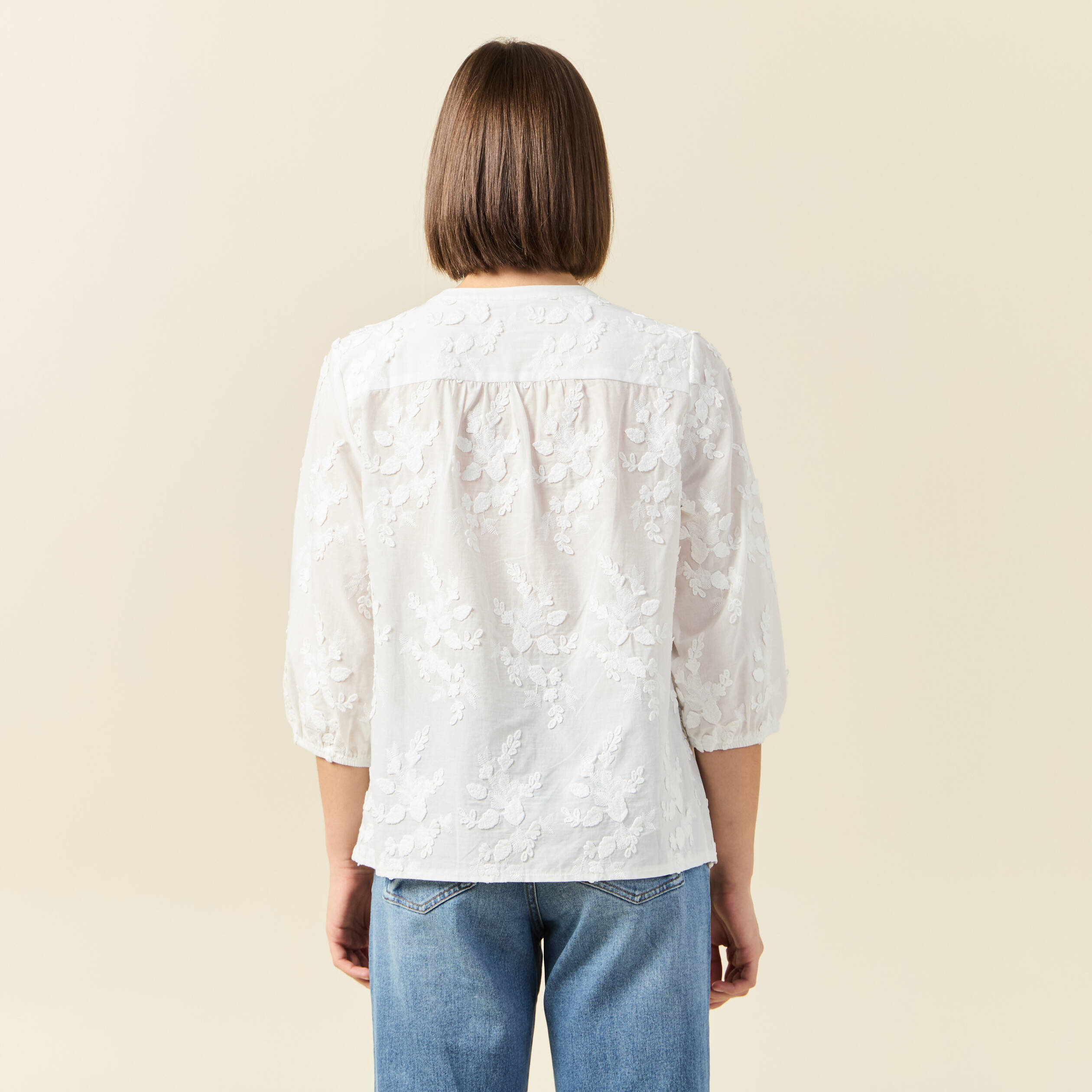 Chemise manches 3/4 brod&eacute;e ecru femme