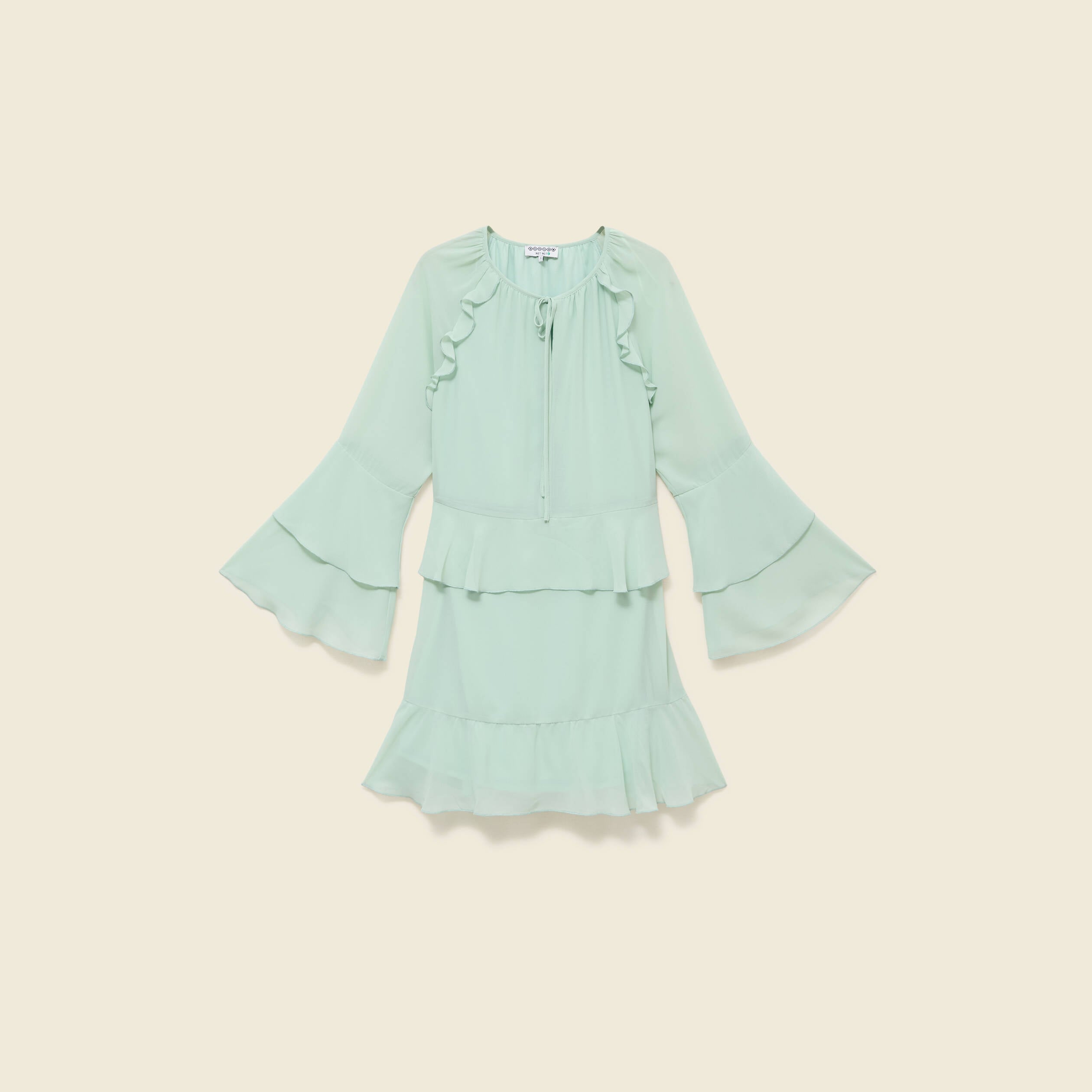Robe courte &eacute;vas&eacute;e manches longues vert pastel femme