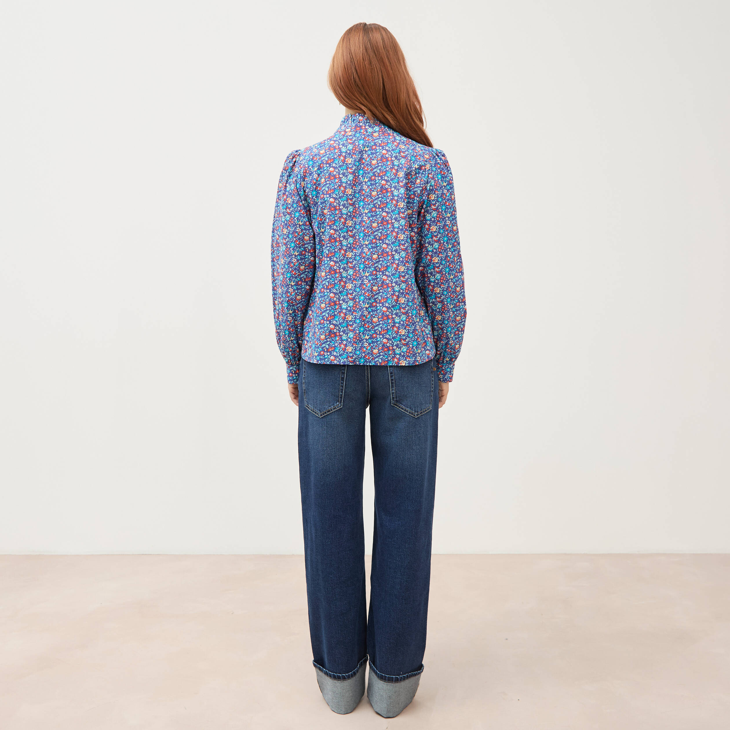 Chemise droite en coton manches longues bleu marine femme