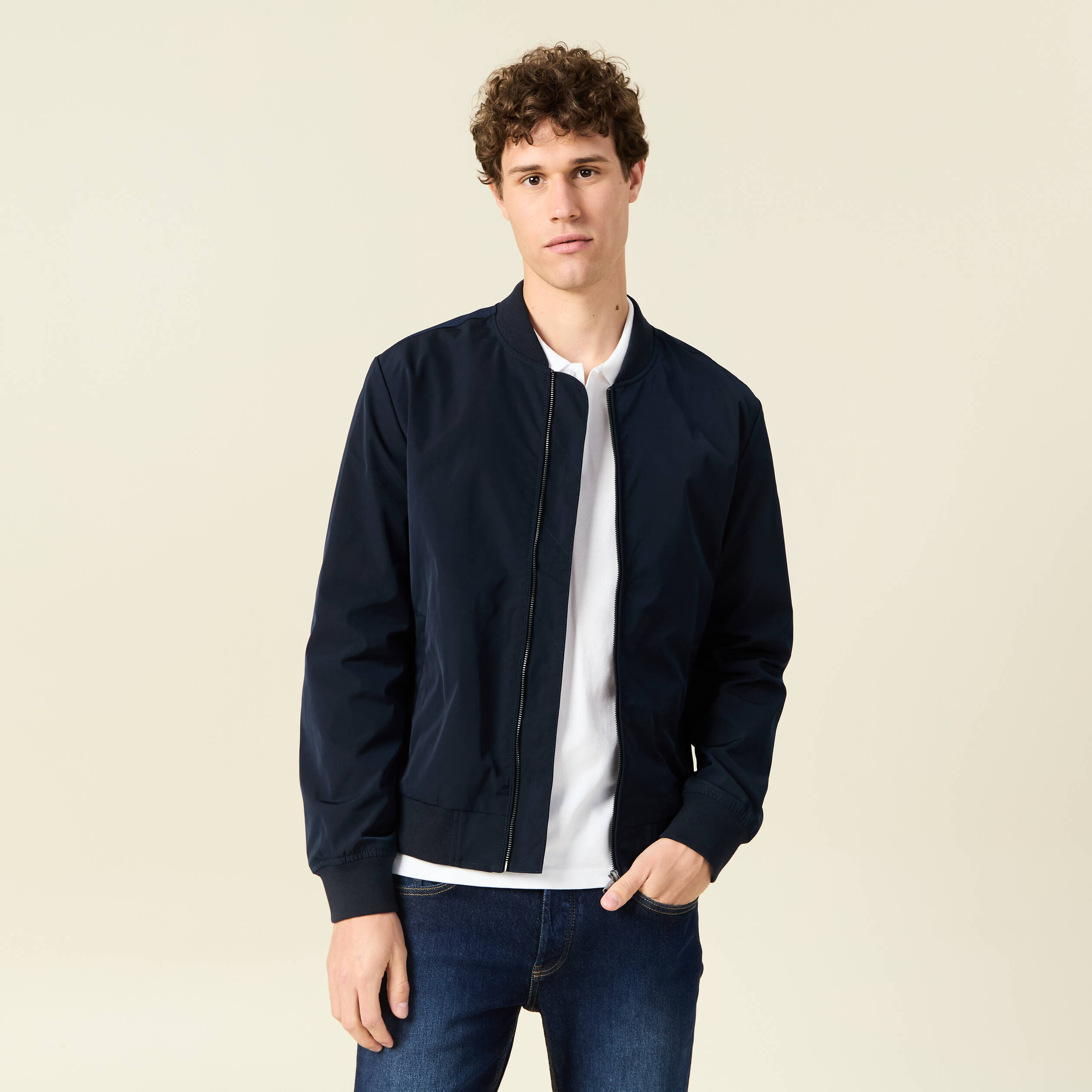 Blouson court manches longues doubl&eacute; bleu marine homme