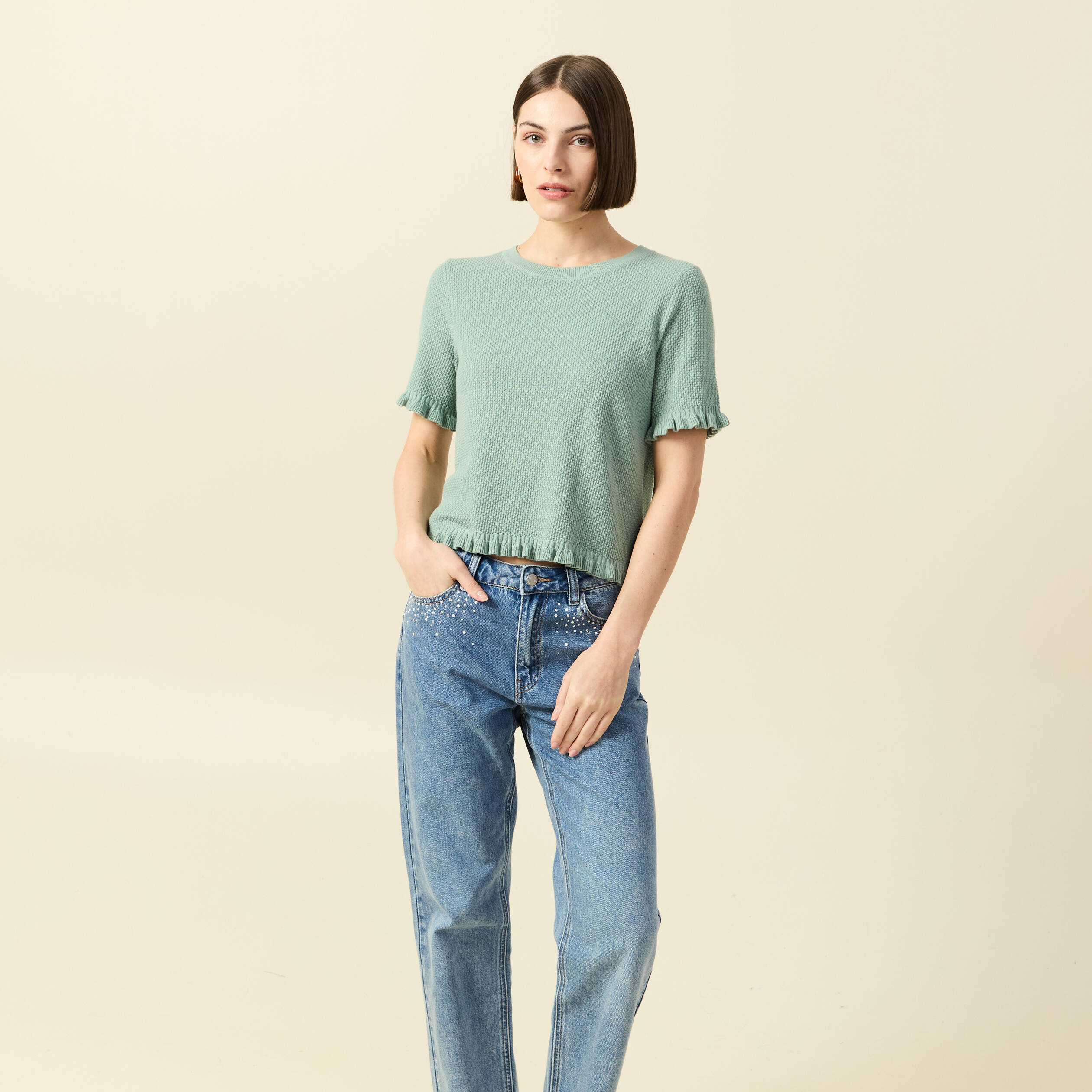 Pull droit court en coton vert pastel femme