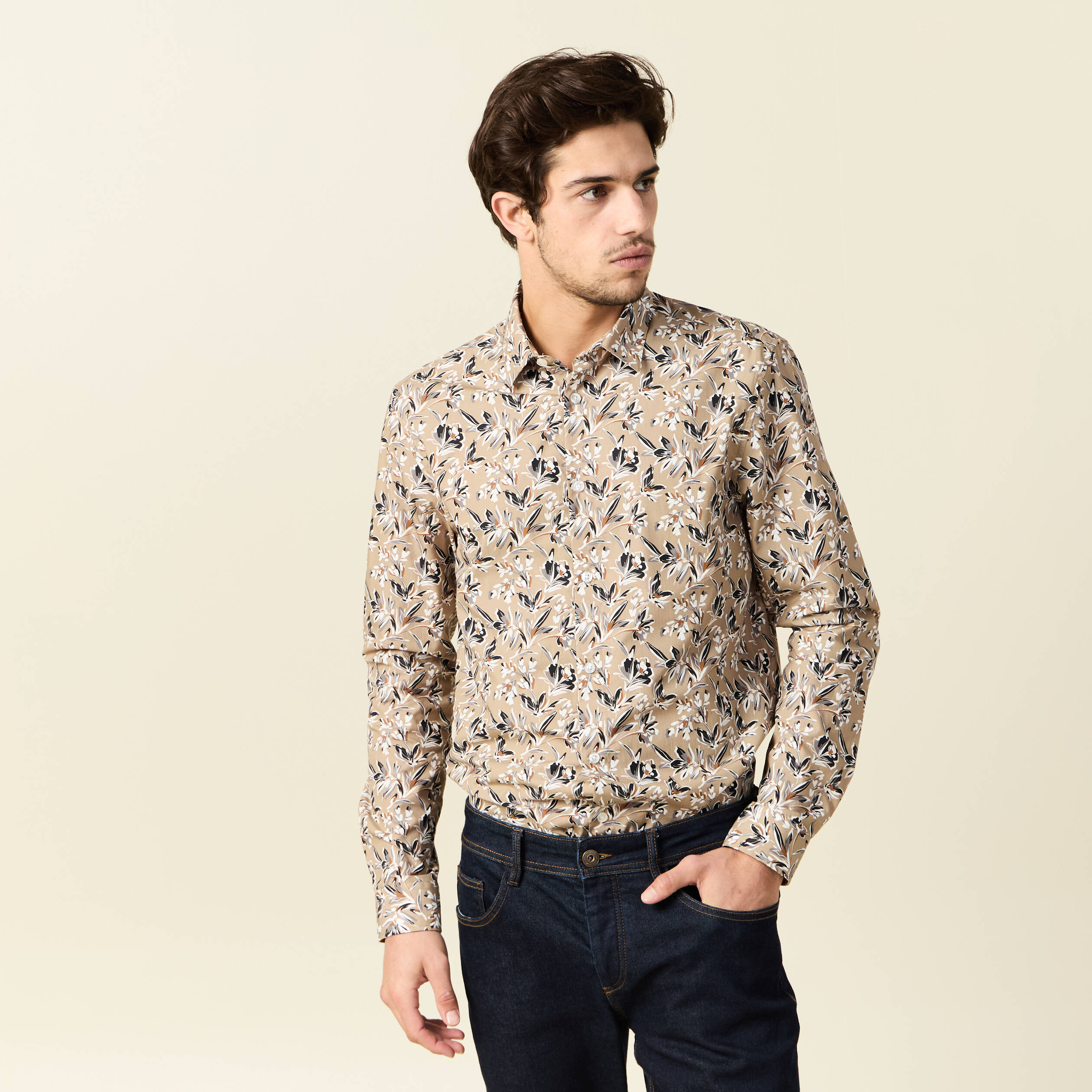 chemise a manches longues beige homme Chemise à manches longues beige homme