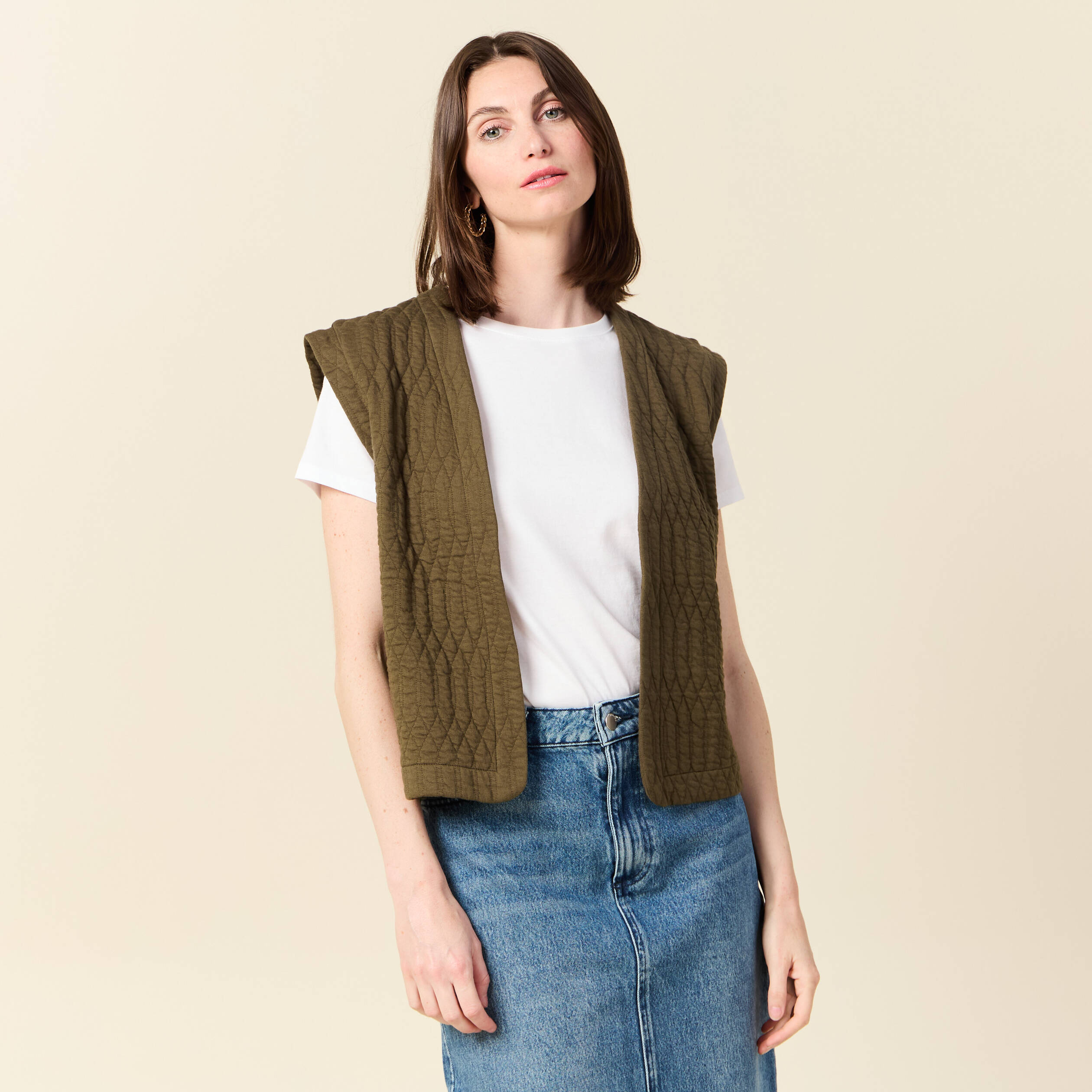 gilet sans manches matelasse vert kaki femme Gilet sans manches matelassé vert kaki femme