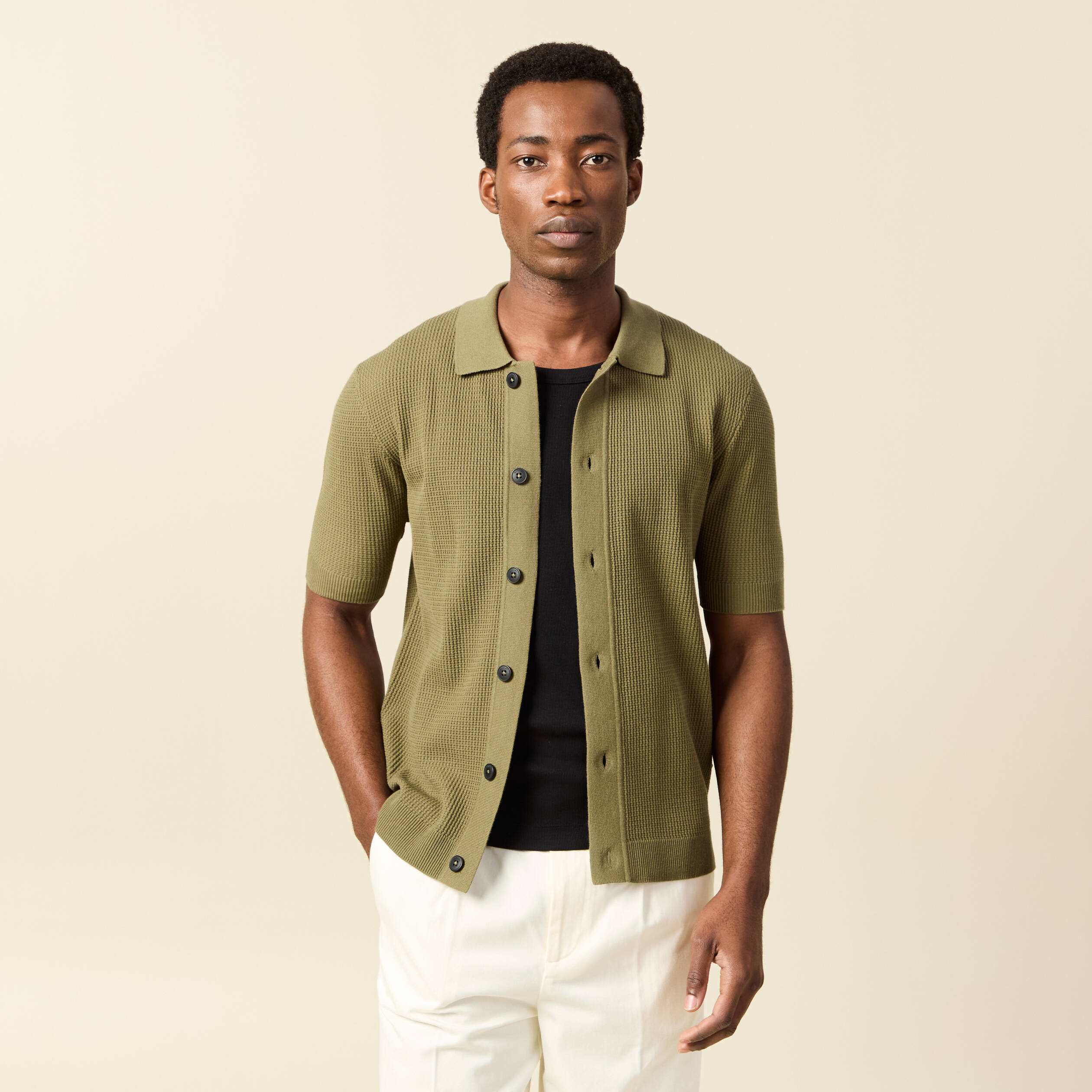 Chemise manches courtes col polo vert kaki homme