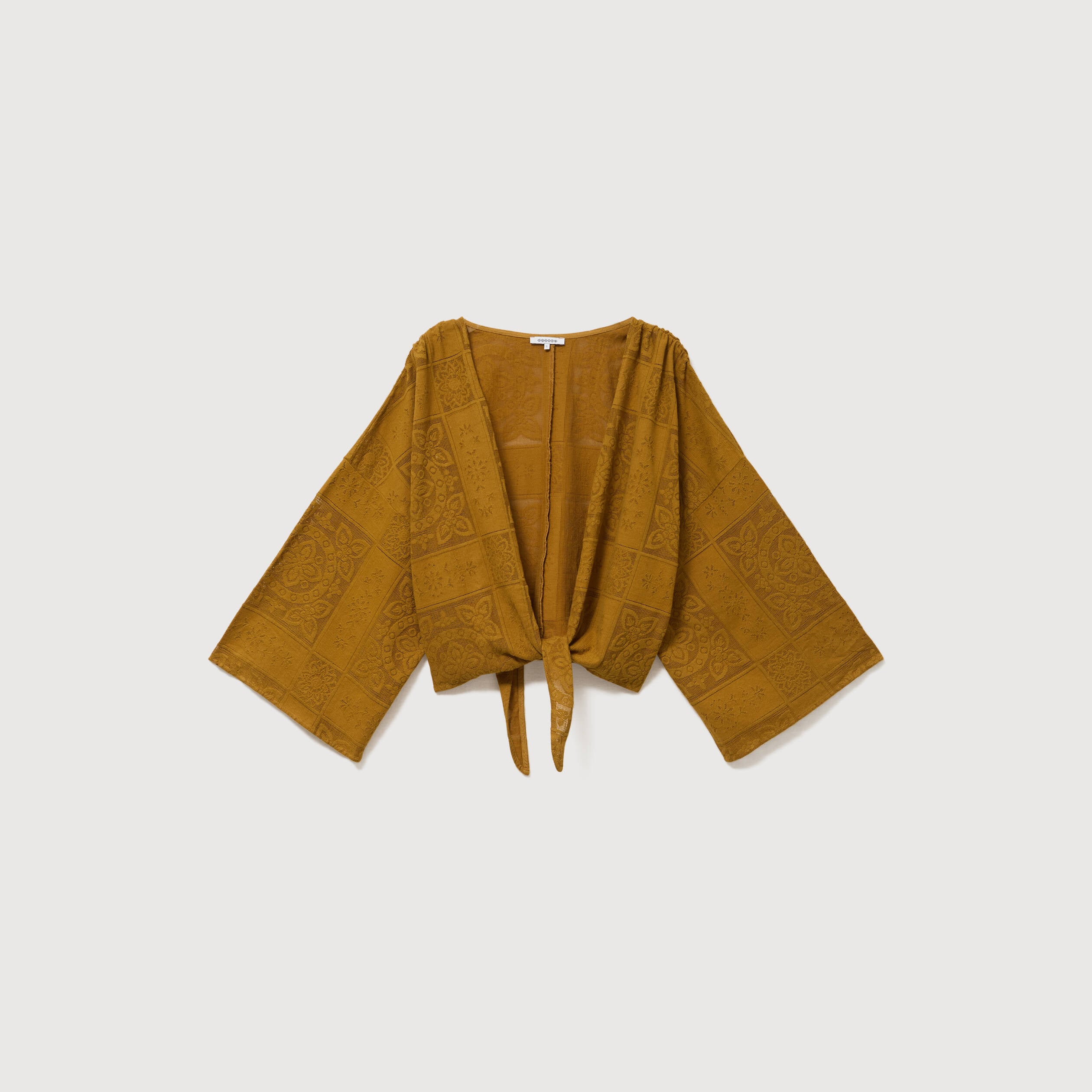 Gilet ajour&eacute; col v manches coude vert olive femme