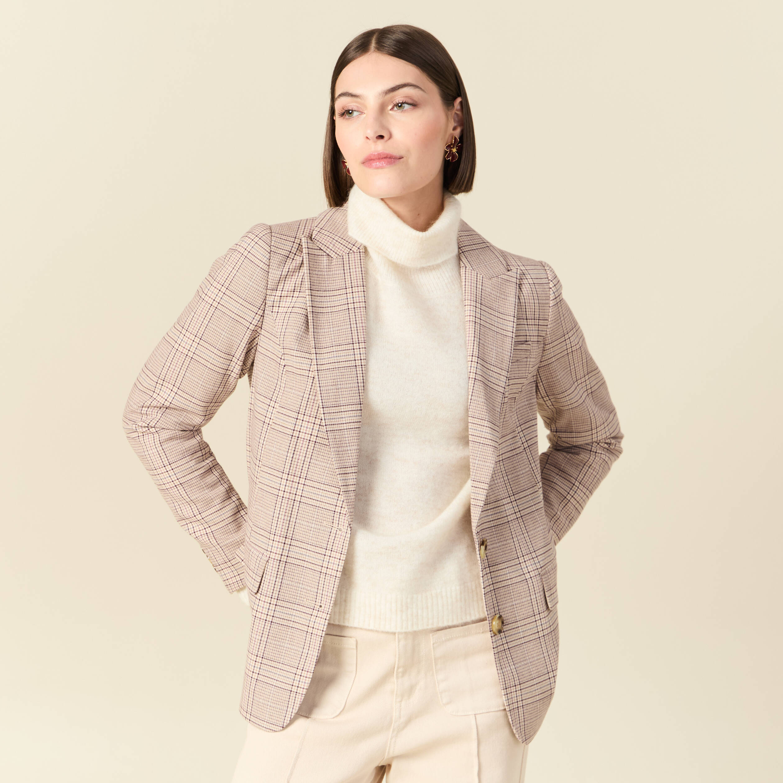 Blazer ajust&eacute; manches longues doubl&eacute; beige femme