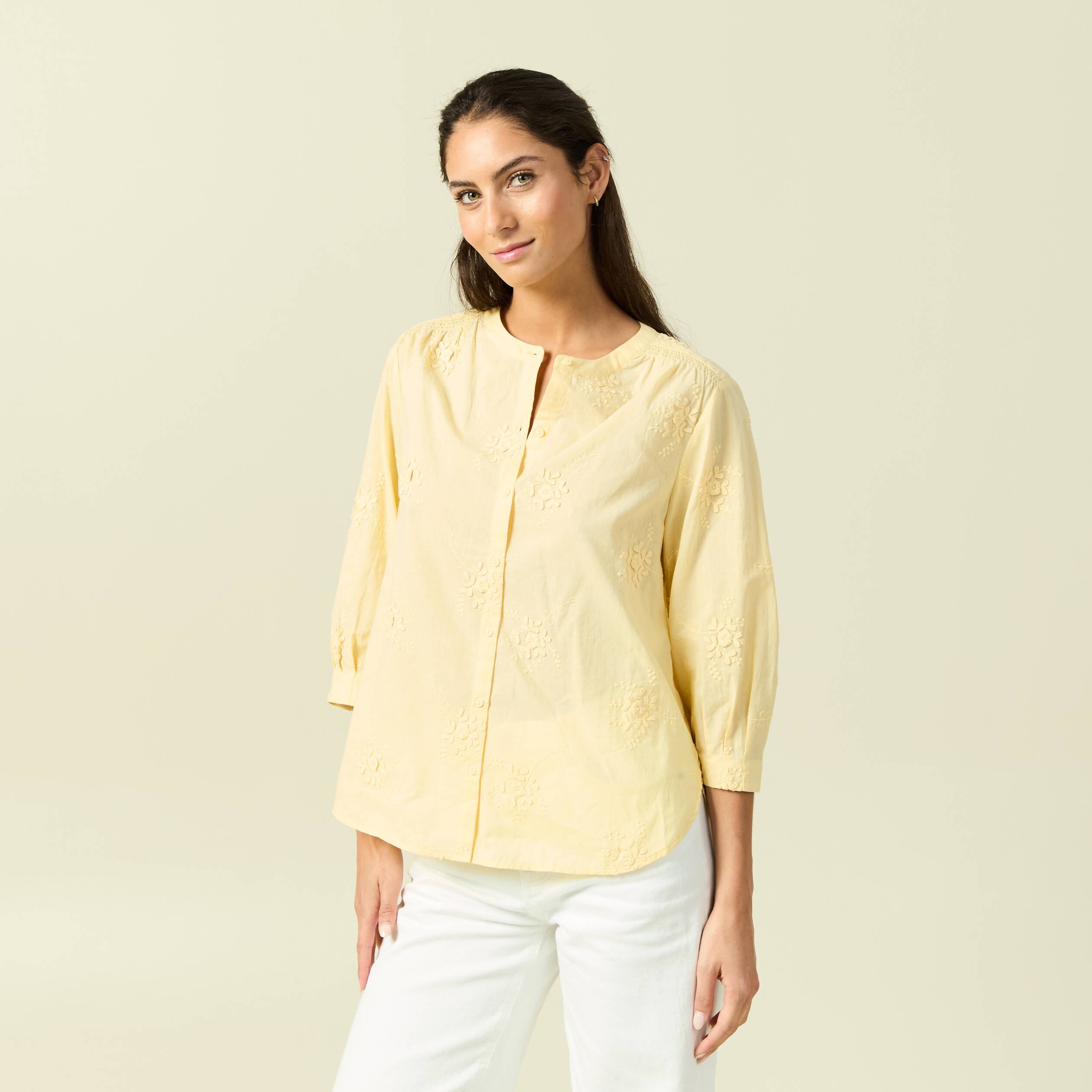Chemise en coton manches 3/4 jaune clair femme