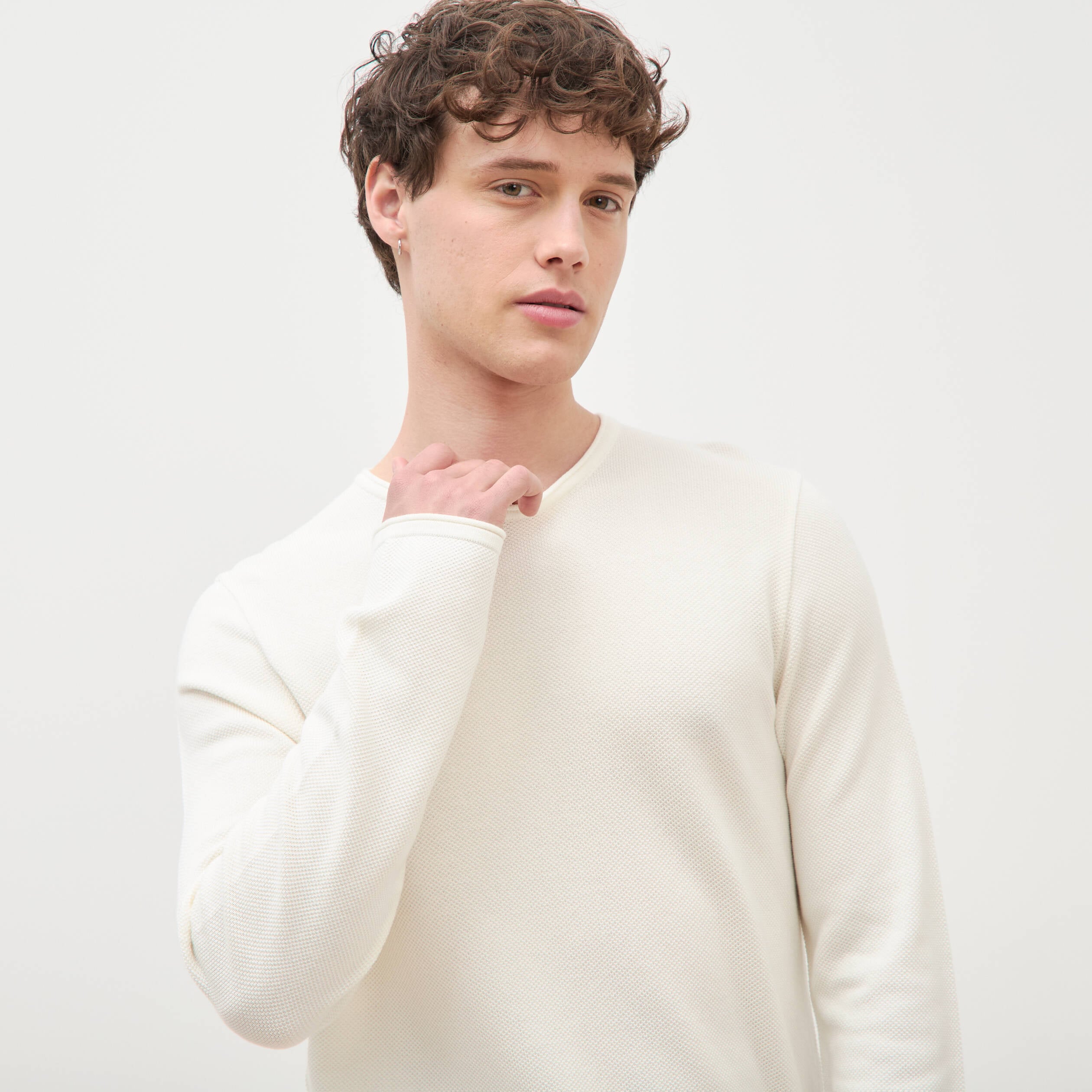 Pull col rond manches longues ecru homme