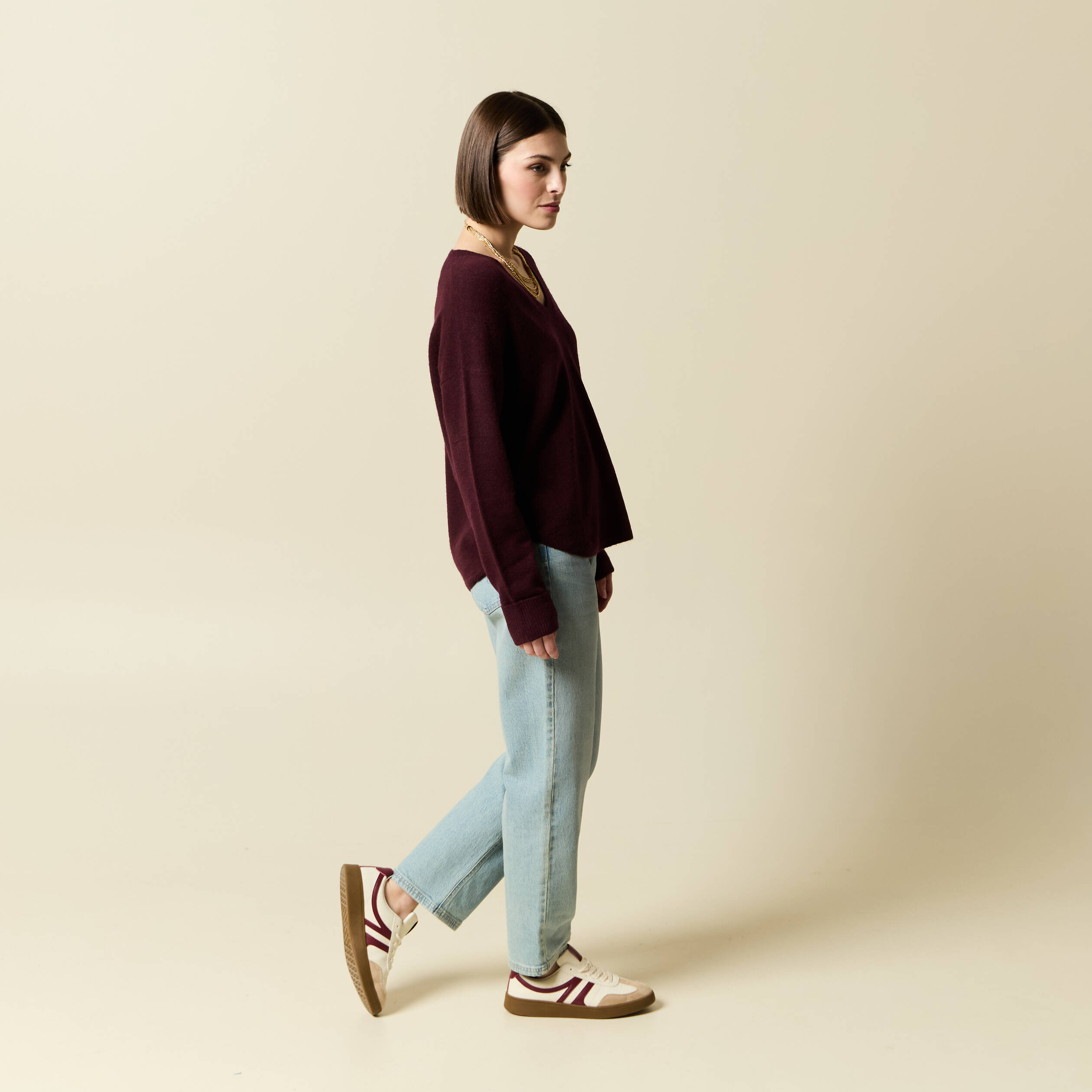 Pull manches longues col en V prune femme