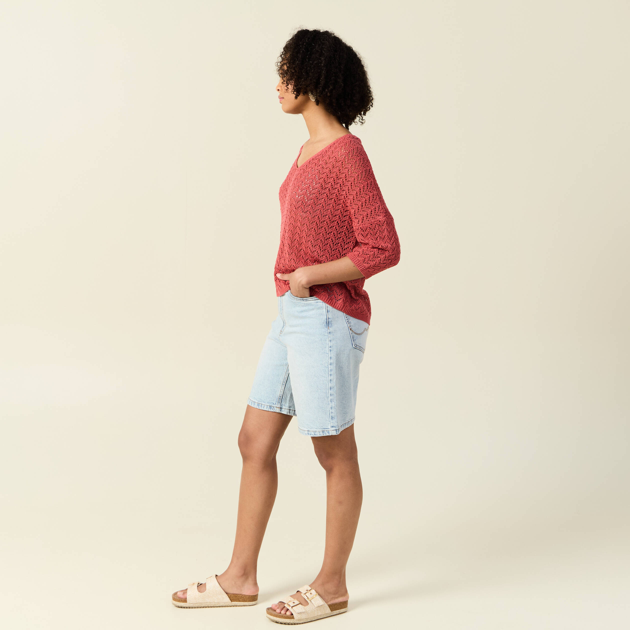 pull manches 34 ajoure vieux rose femme Pull manches 3/4 ajouré vieux rose femme