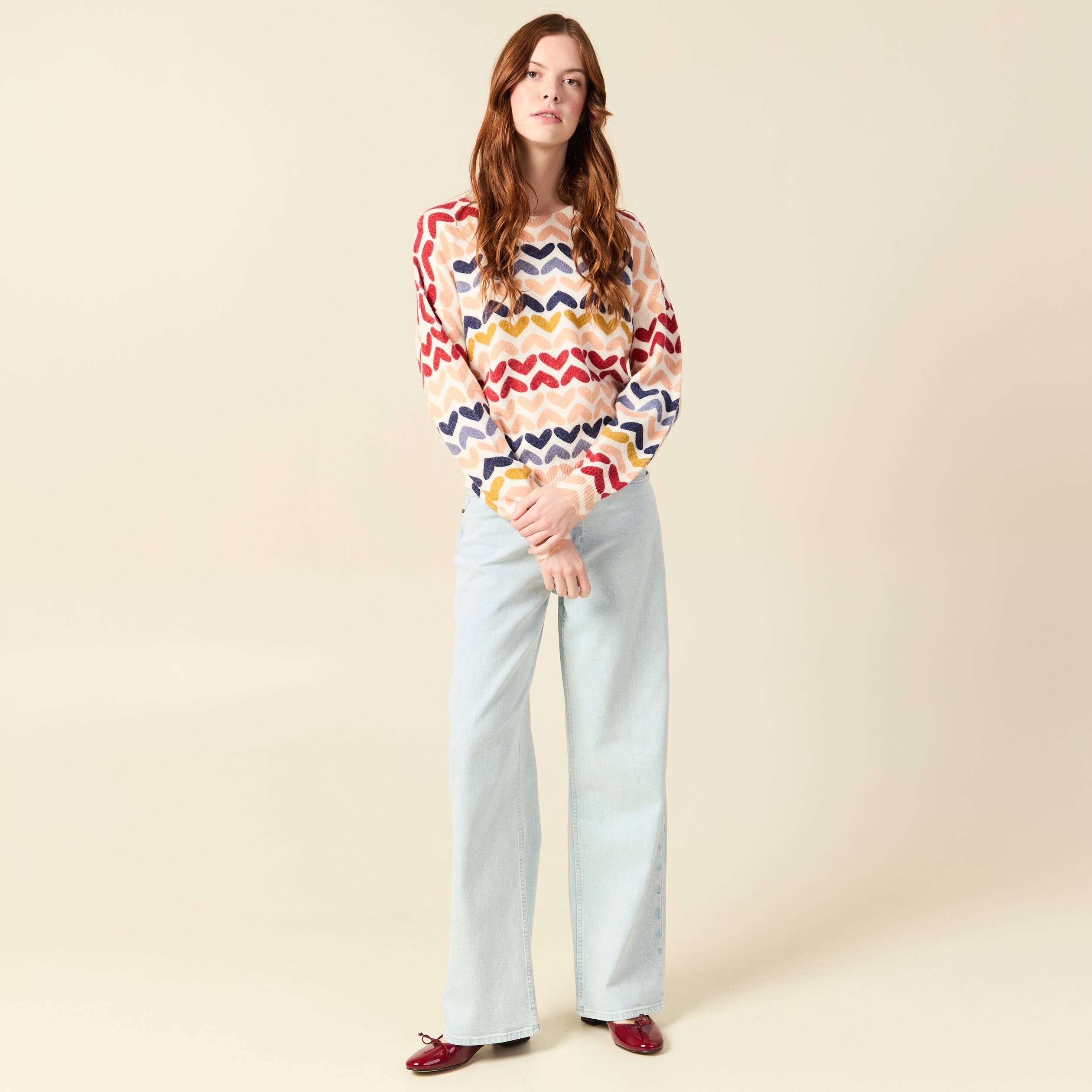 Pull col rond manches longues ecru femme