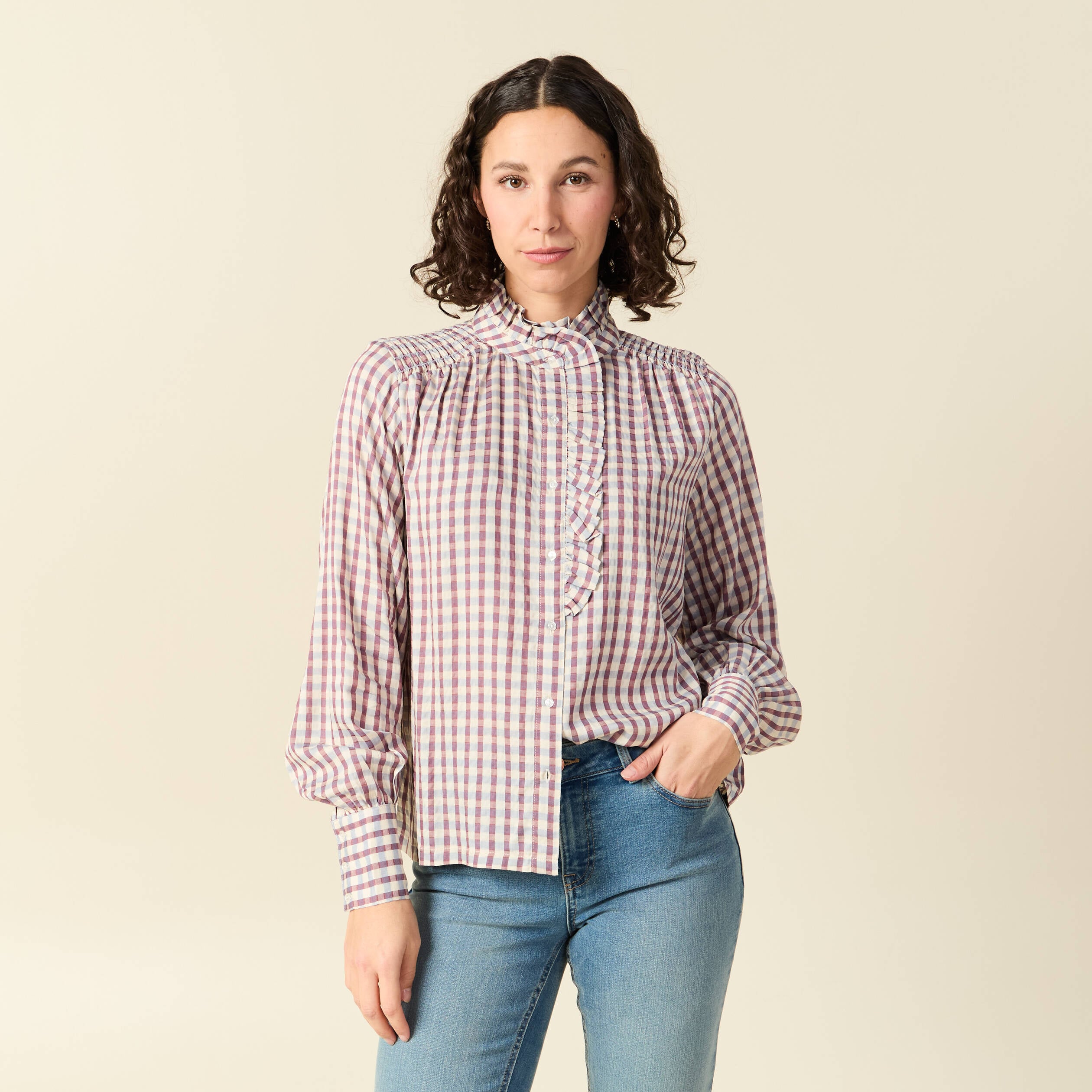 Chemise manches longues col montant marron cognac femme
