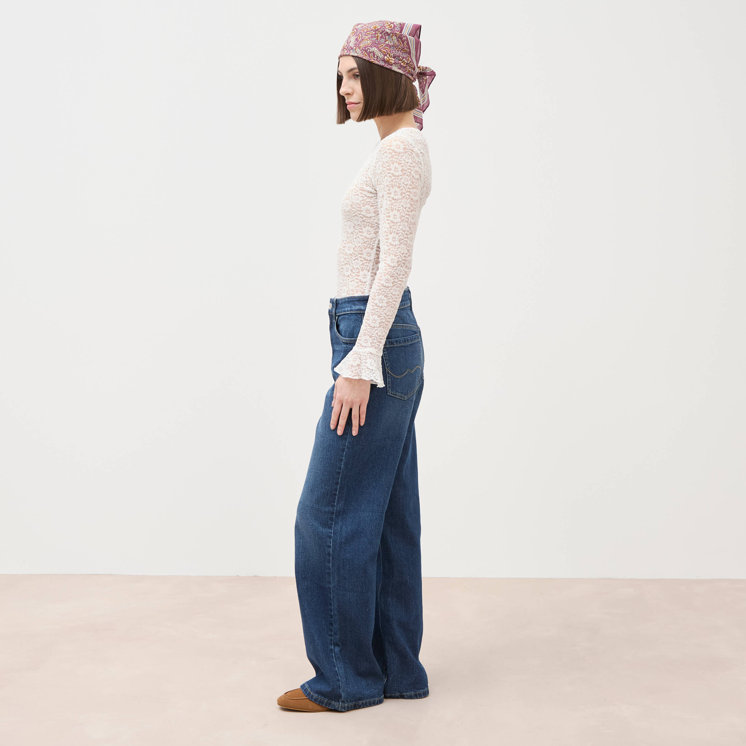 Jeans large taille haute denim brut femme