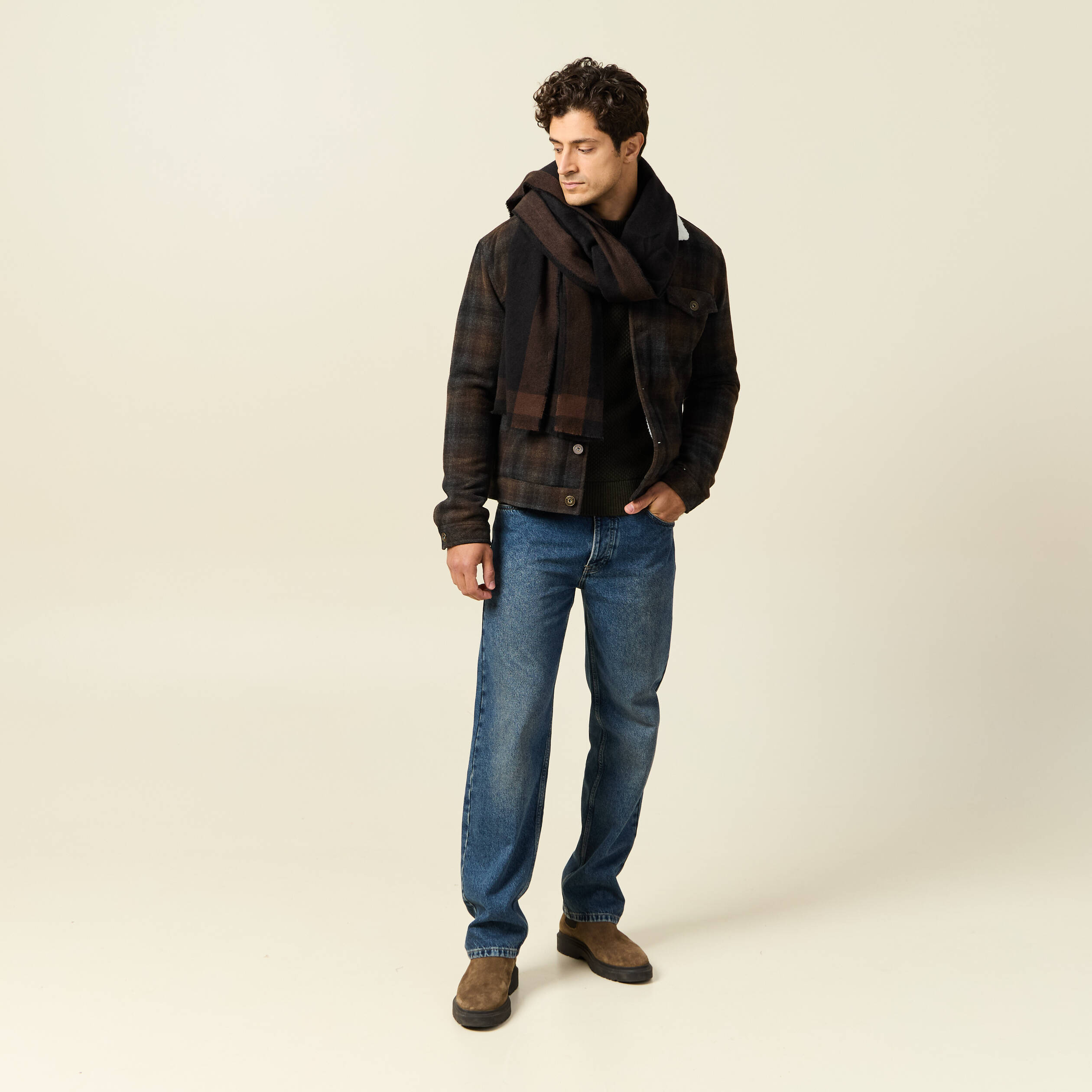 Veste droite courte col chemise marron fonc&eacute; homme