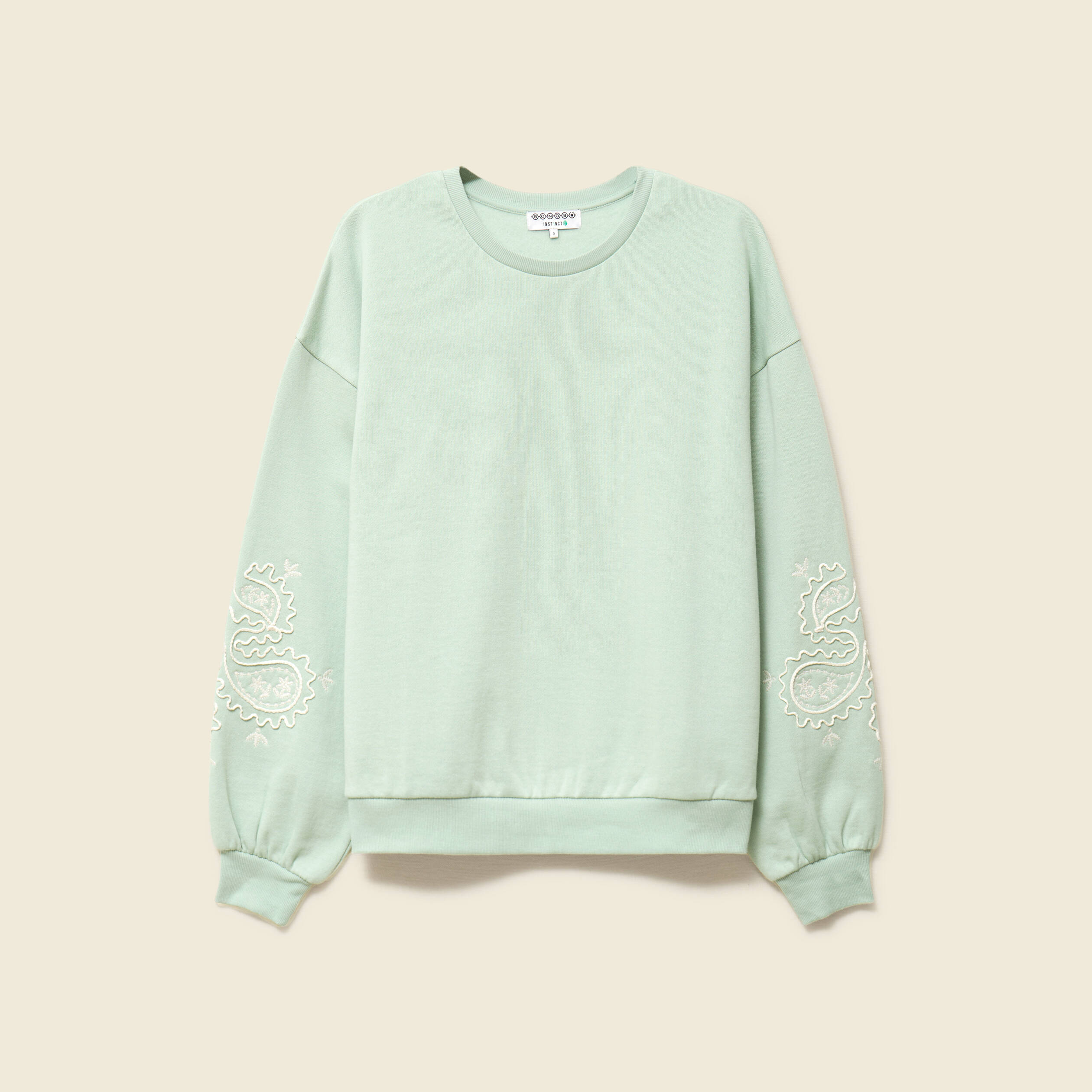 Sweat droit court col rond en coton vert pastel femme