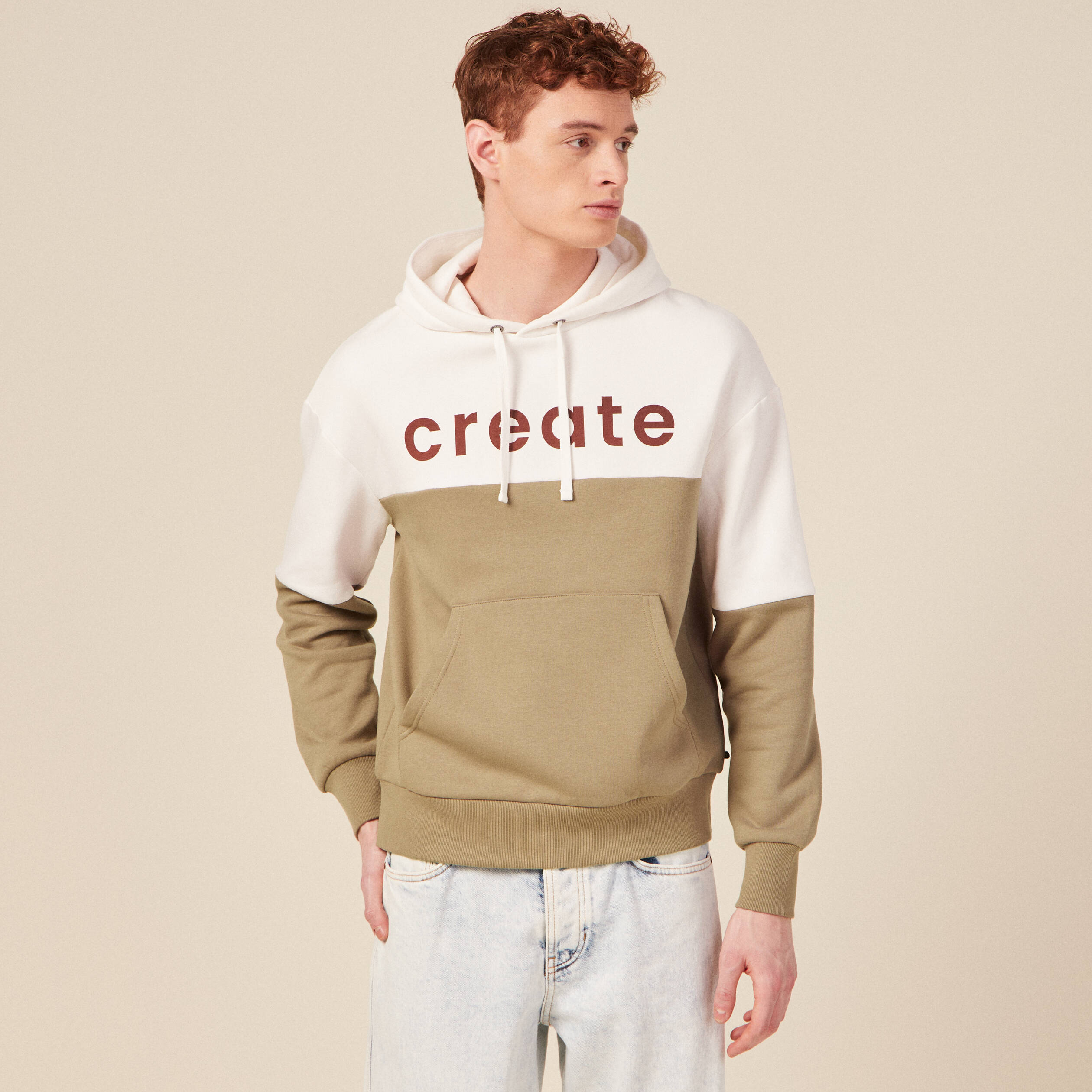 Sweat &agrave; capuche manches longues taupe homme