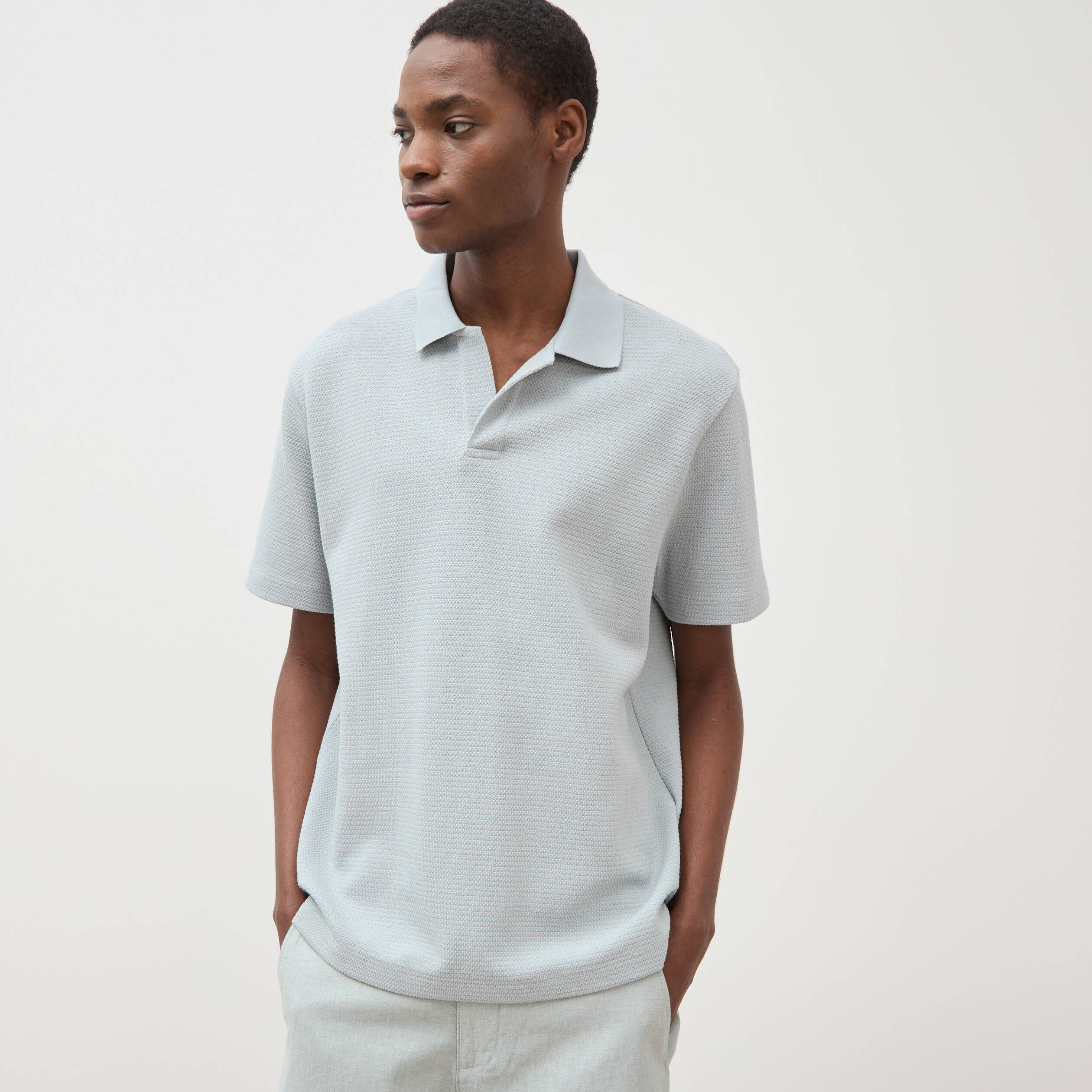 Polo manches courtes col cubain gris clair homme