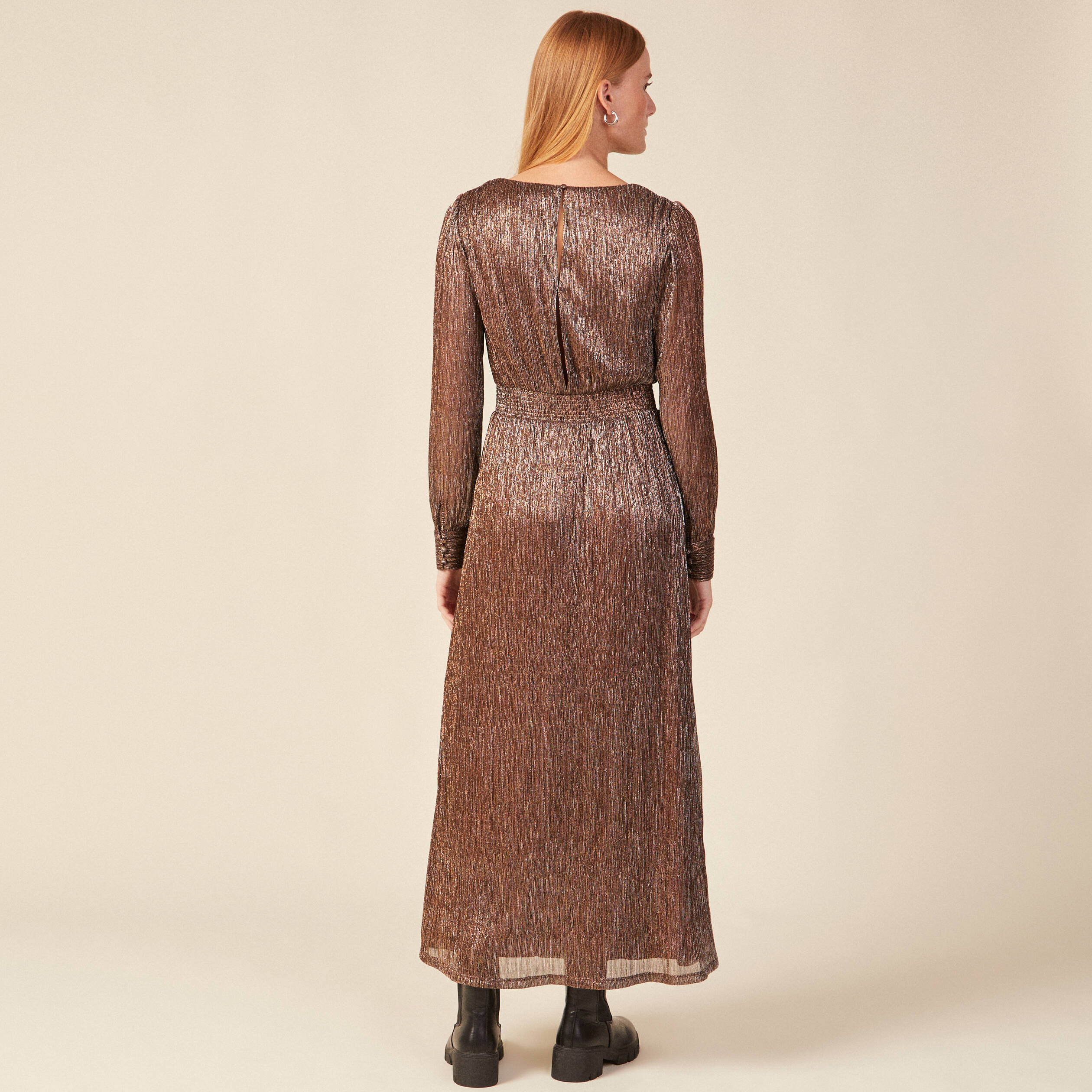 robe longue evasee col en v marron cognac femme Robe longue évasée col en V marron cognac femme