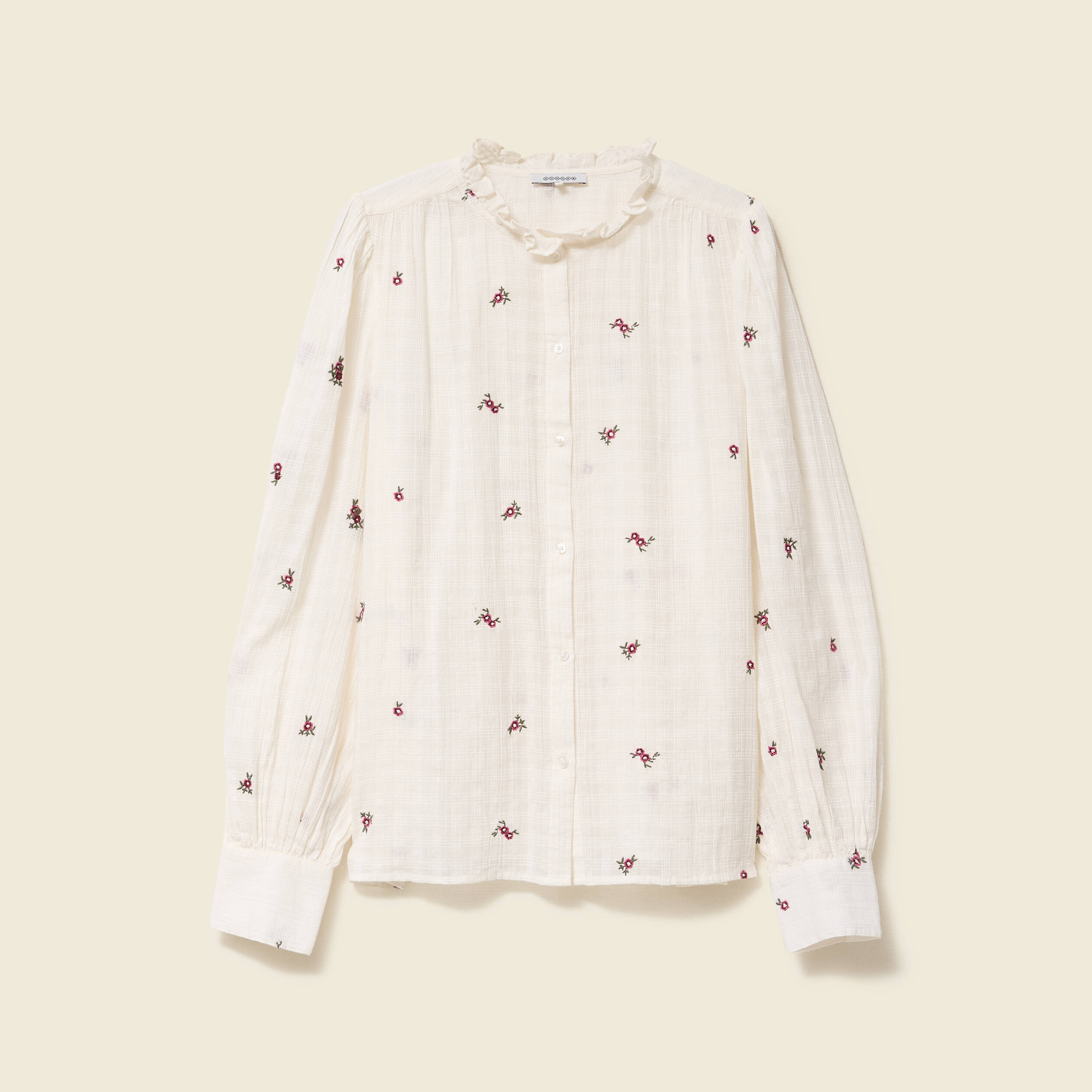 Chemise manches longues en coton brod&eacute;e blanc femme