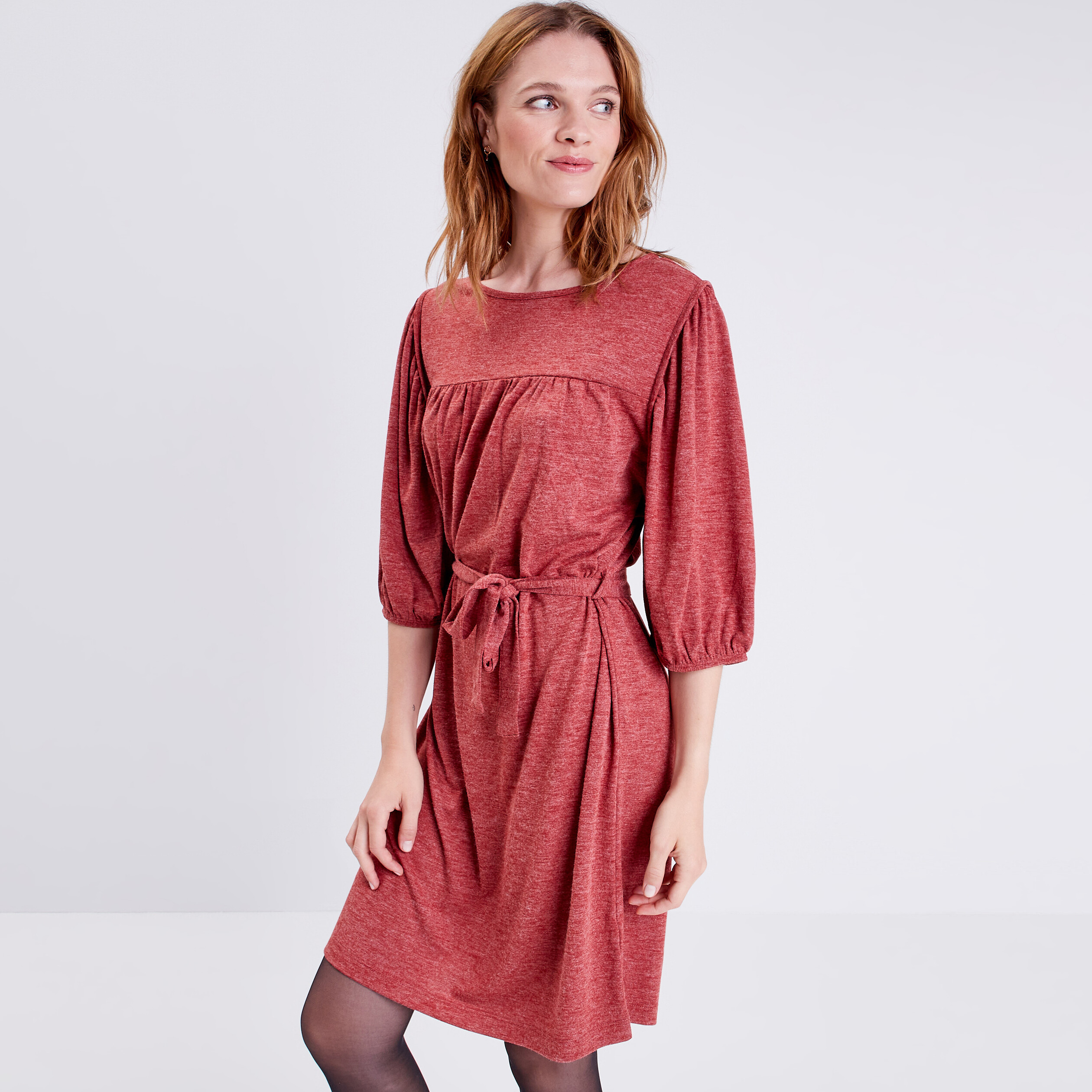 Robe droite ceintur&eacute;e orange fonc&eacute; femme