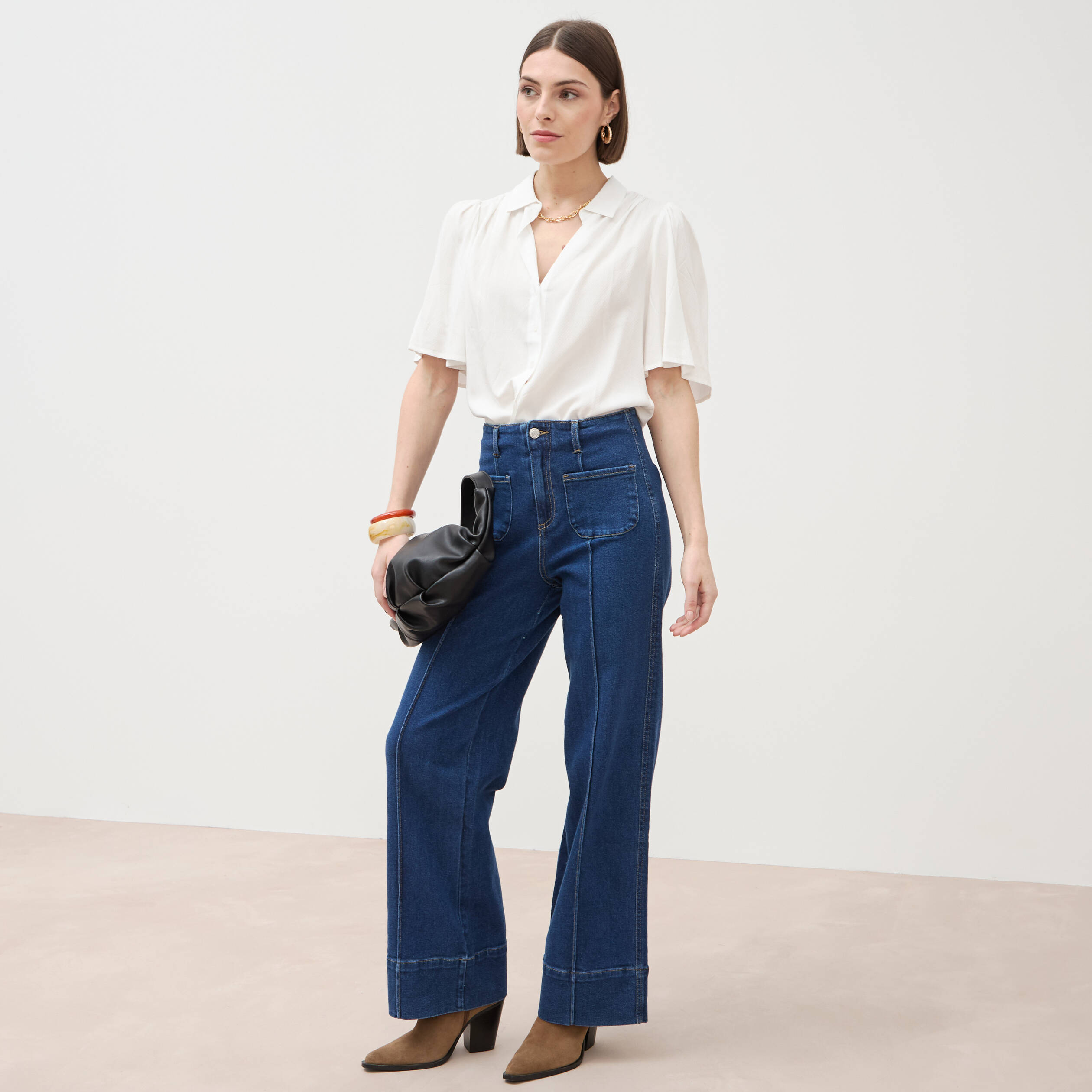 Jeans wide large taille haute bleu clair femme