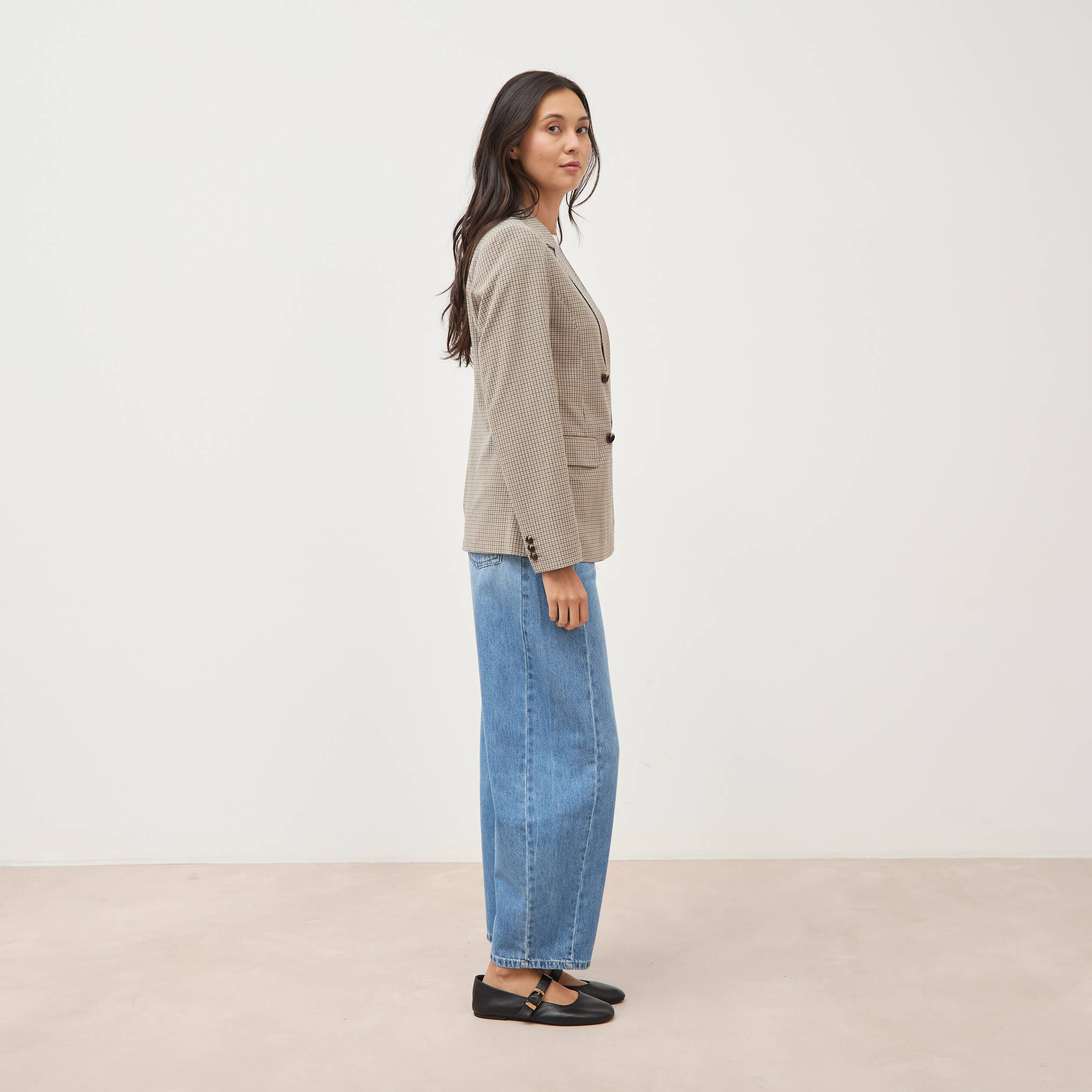 Blazer &agrave; carreaux col tailleur gris femme
