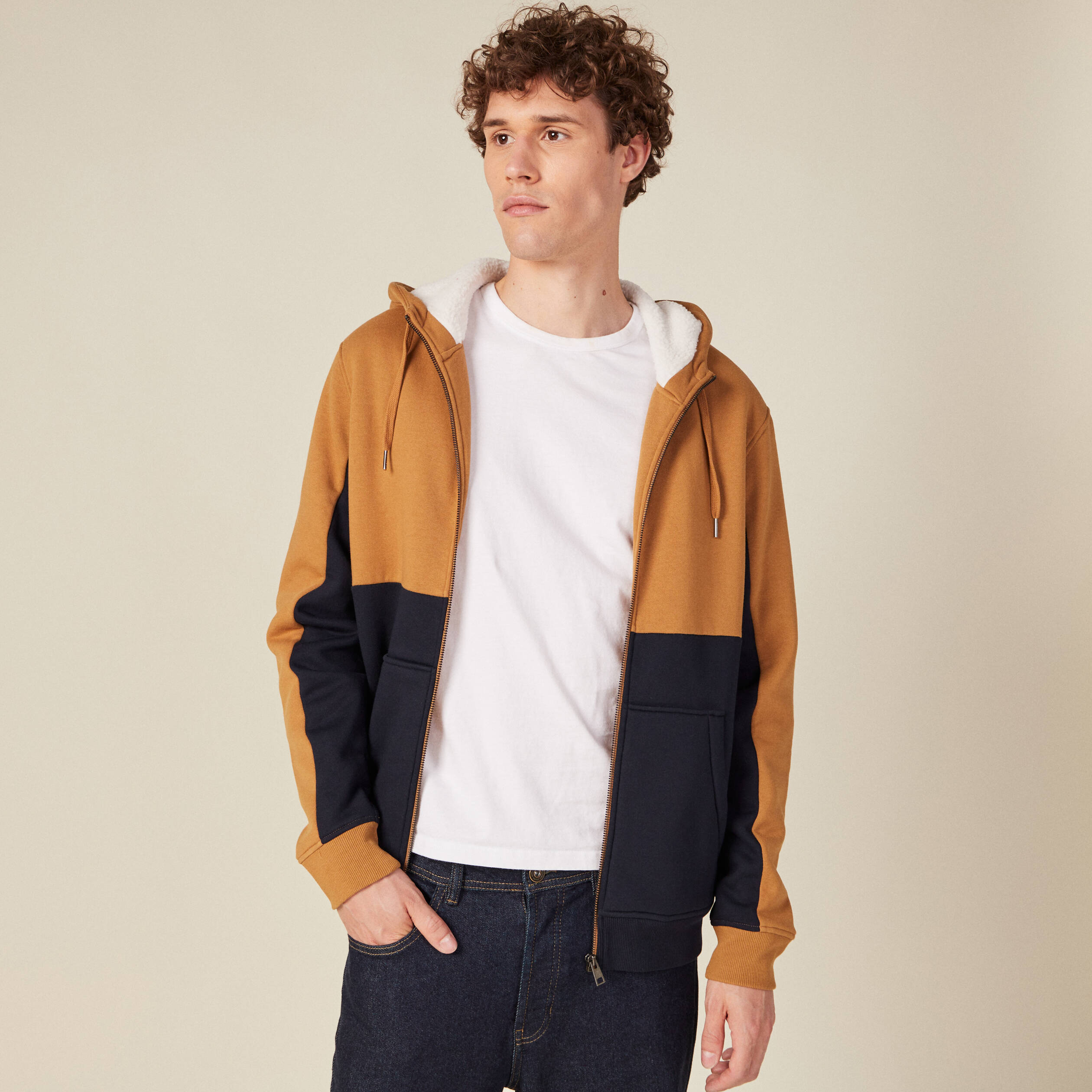 Gilet zippé doublé à capuche camel homme