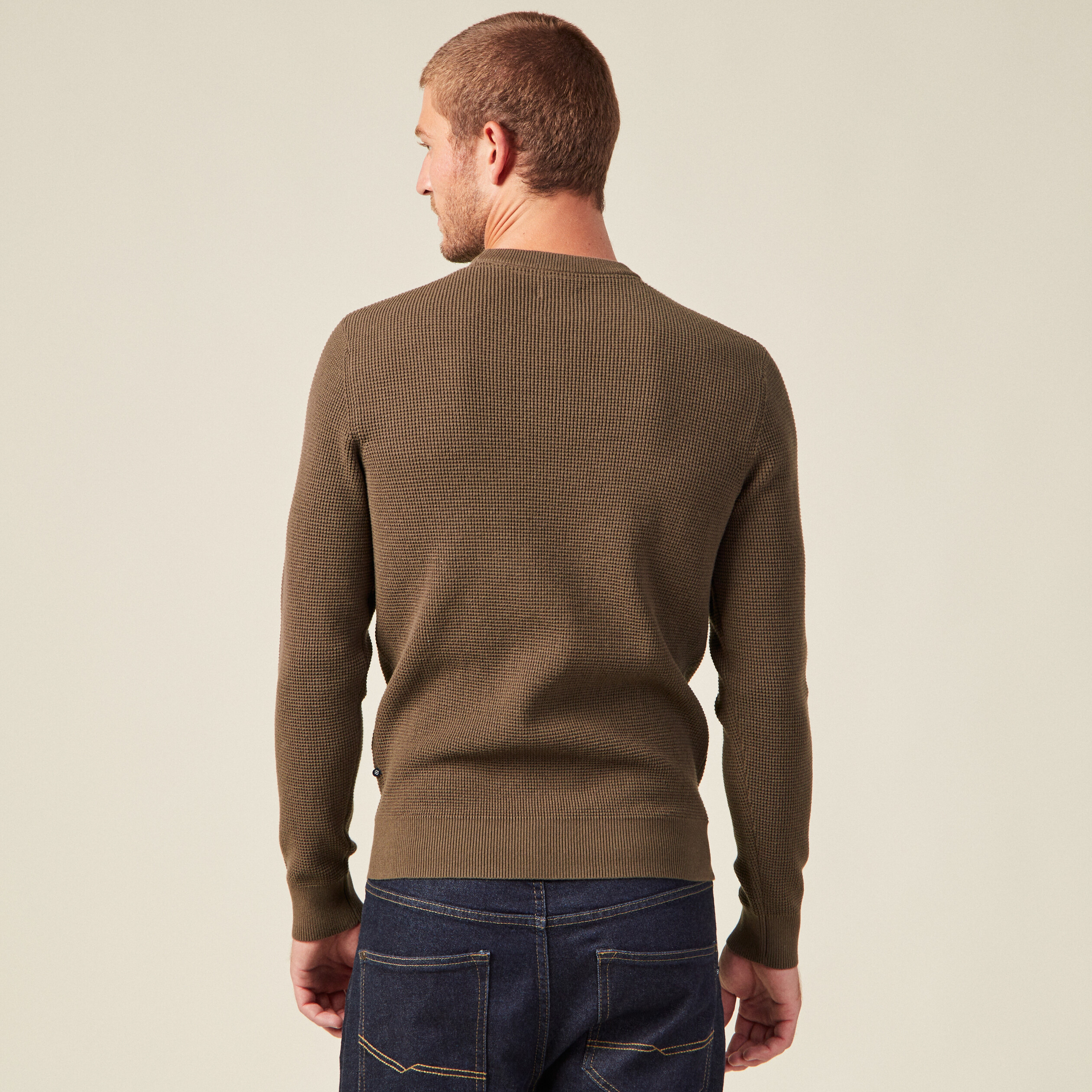 Pull manches longues col rond vert kaki homme