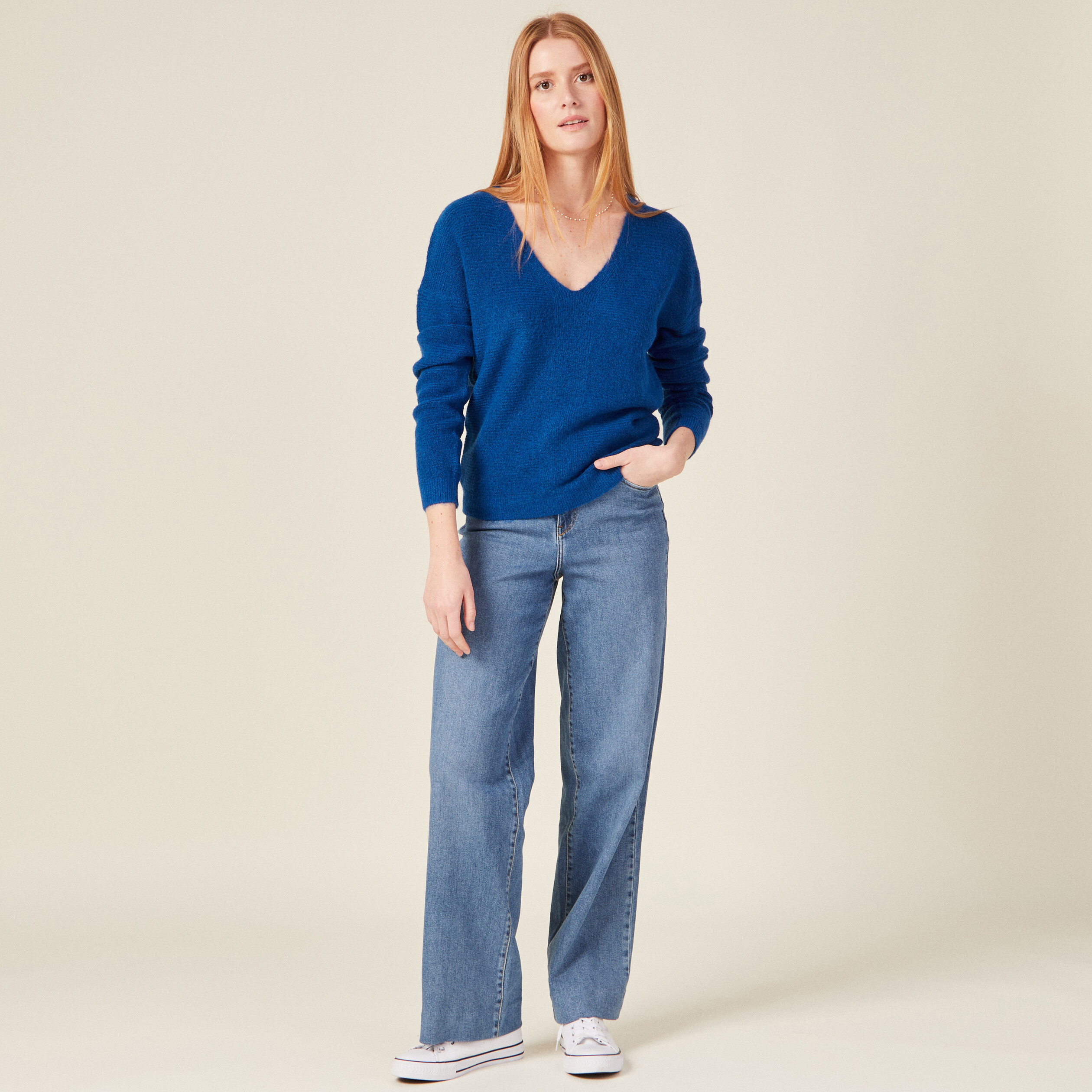 Pull manches longues bleu electrique femme