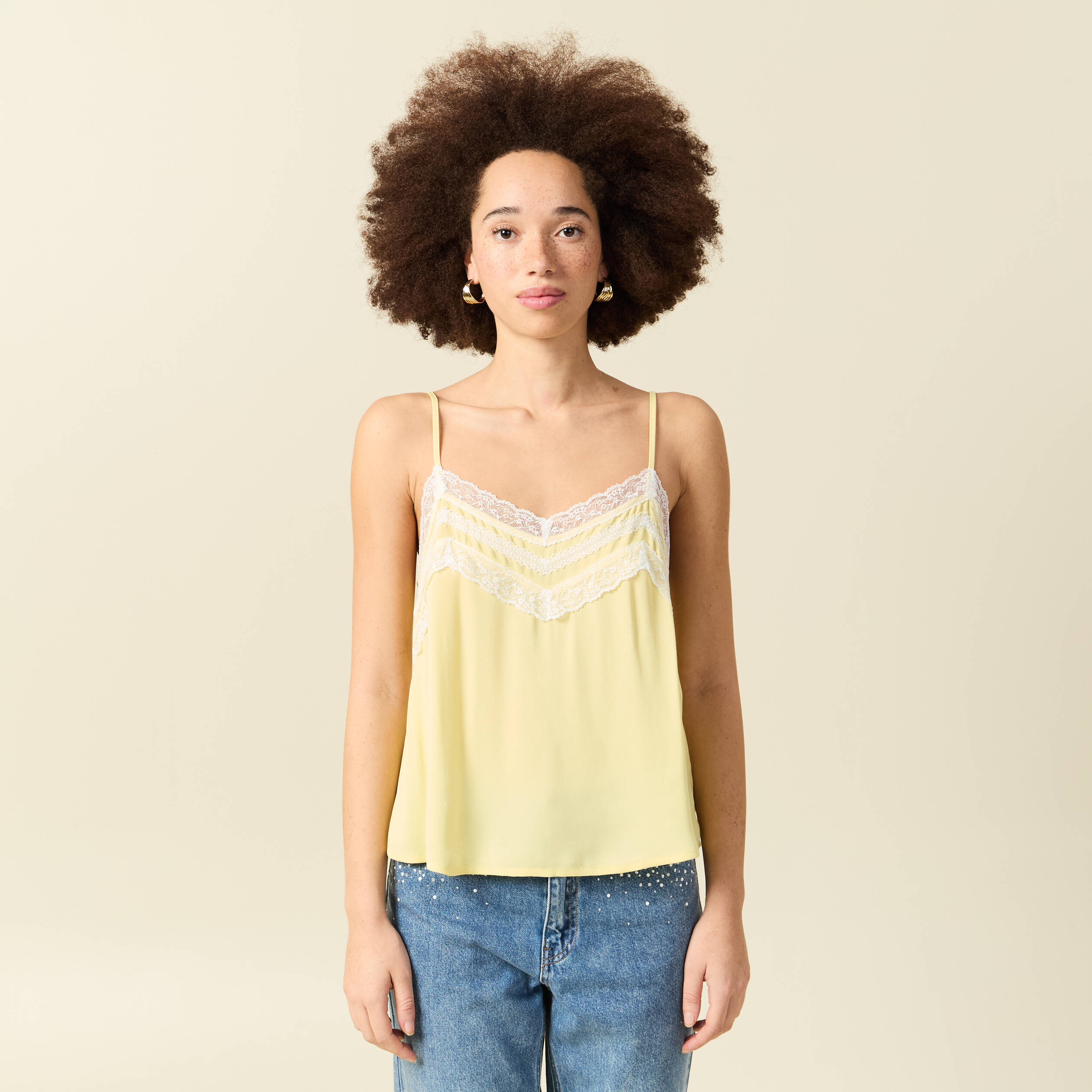 D&eacute;bardeur bretelles col v fluide jaune pastel femme