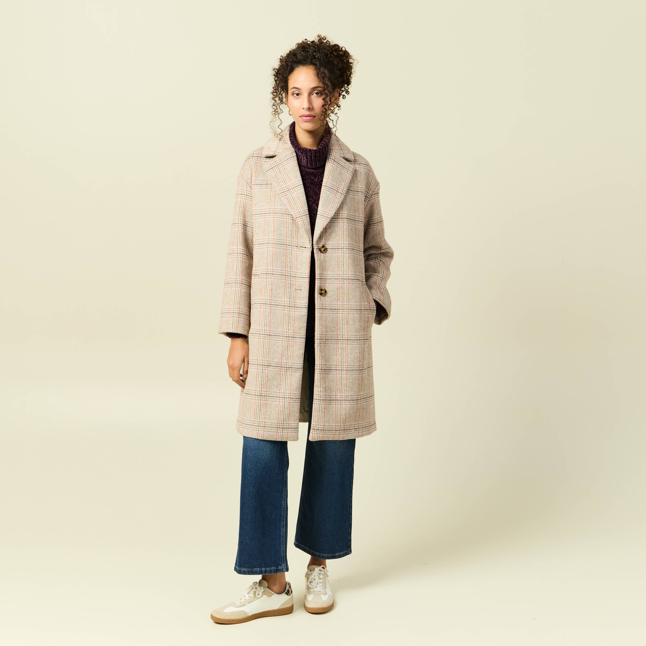 Manteau droit long col tailleur rouge clair femme