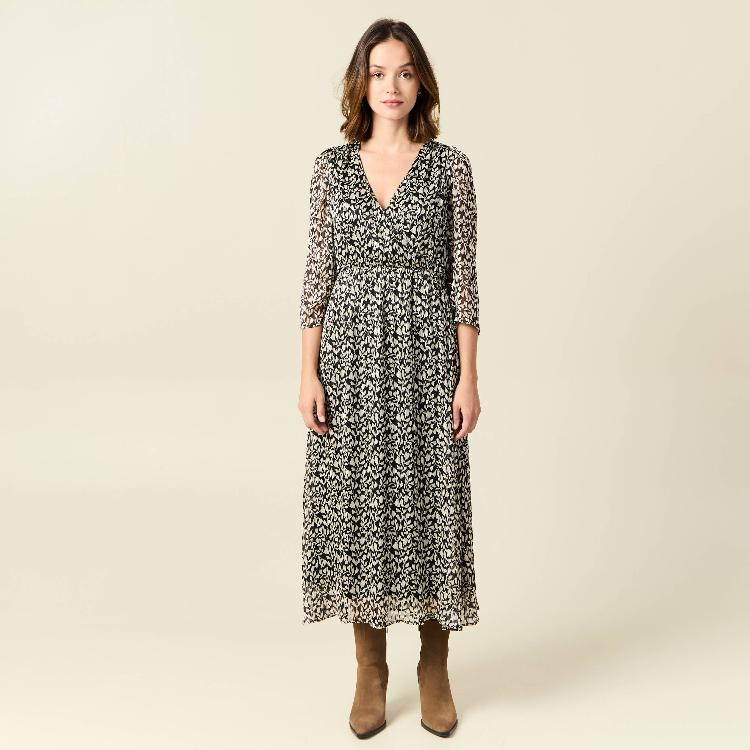 robe longue evasee manches 34 noir femme Robe longue évasée manches 3/4 noir femme