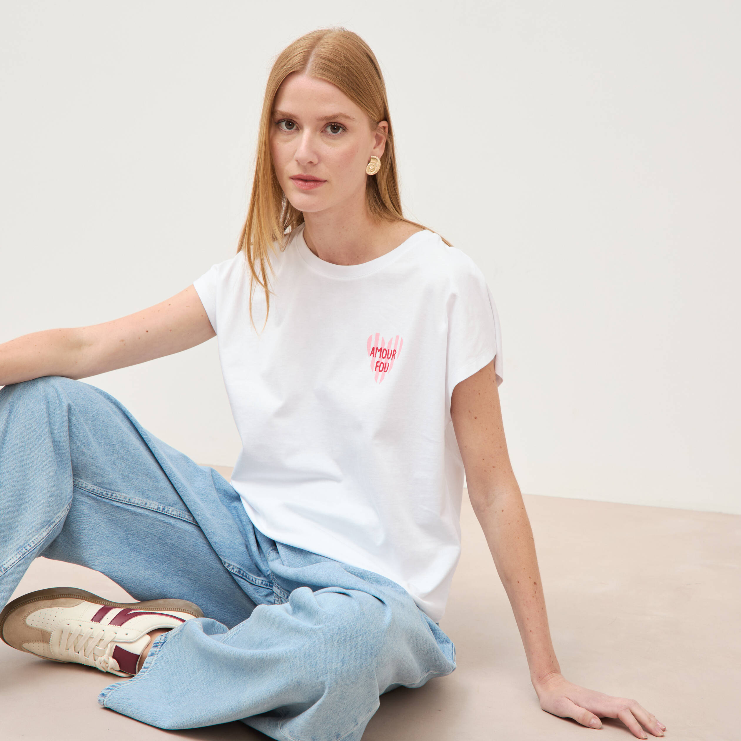T-shirt droit col rond manches courtes blanc femme