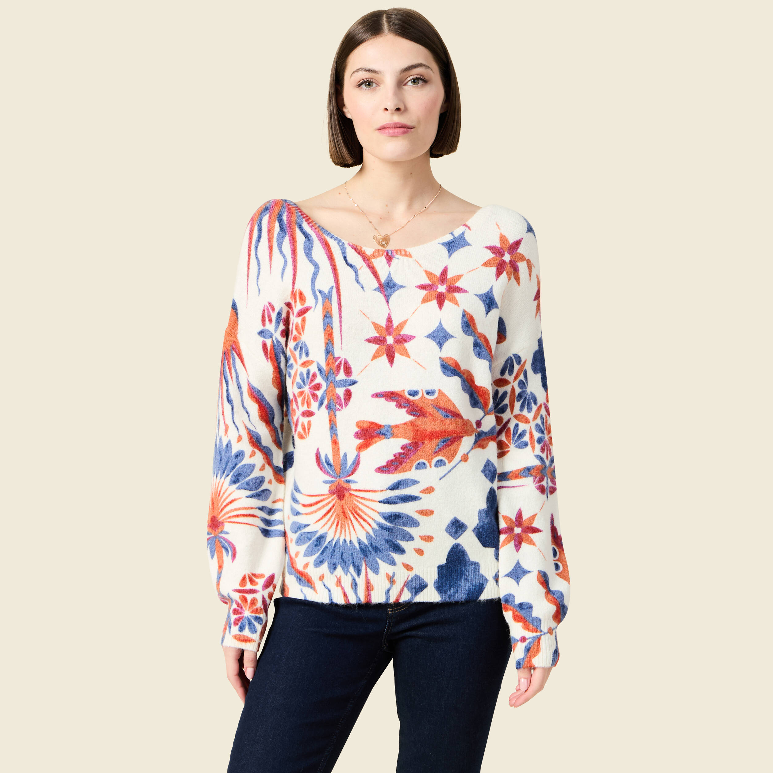 Pull col rond manches longues ecru femme
