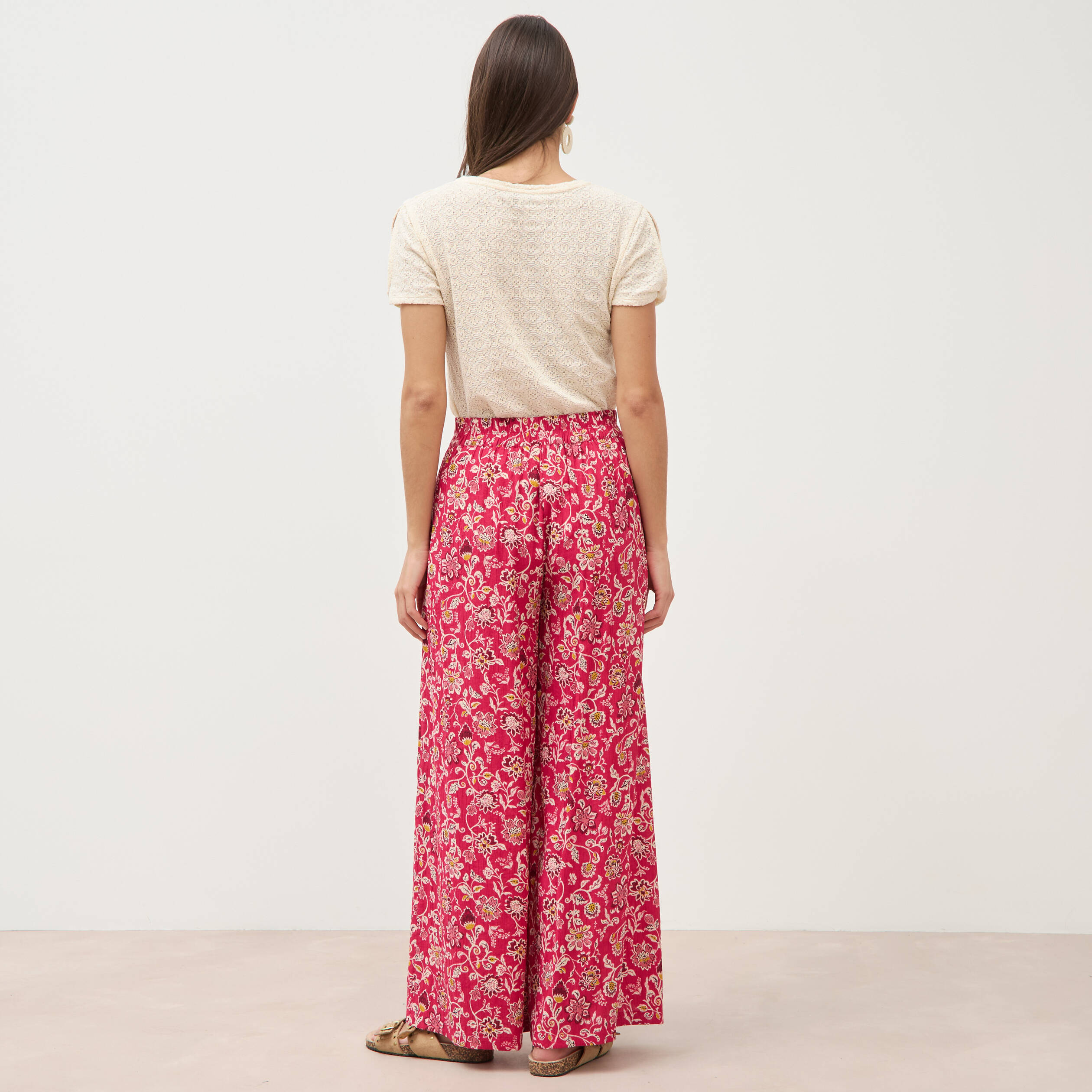 Pantalon large taille haute rouge cerise femme
