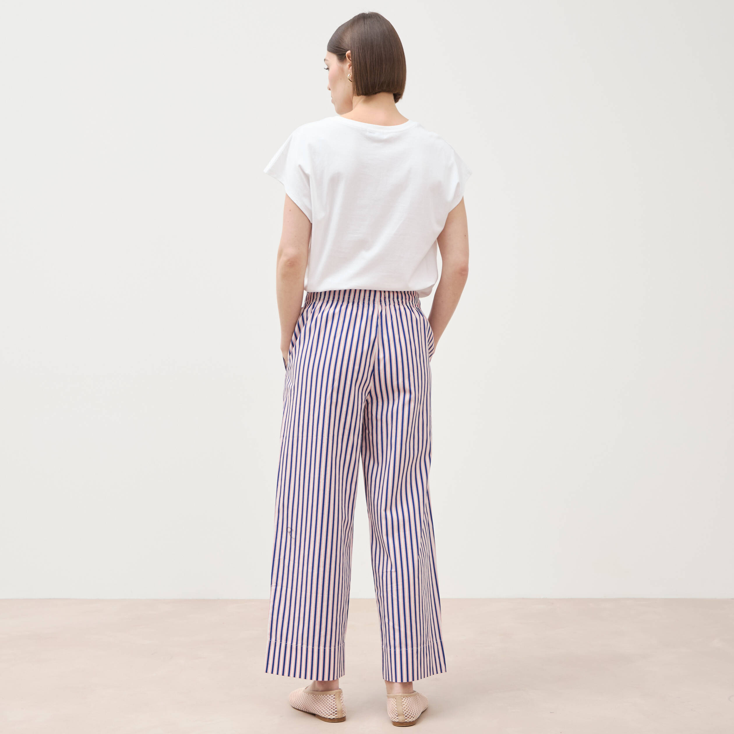 Pantalon large taille haute en coton blanc femme