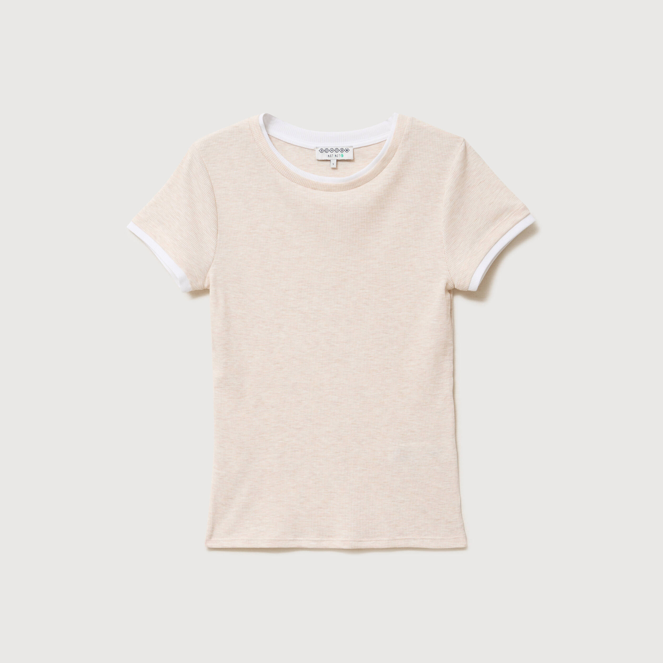 T-shirt cintr&eacute; col rond manches courtes beige femme