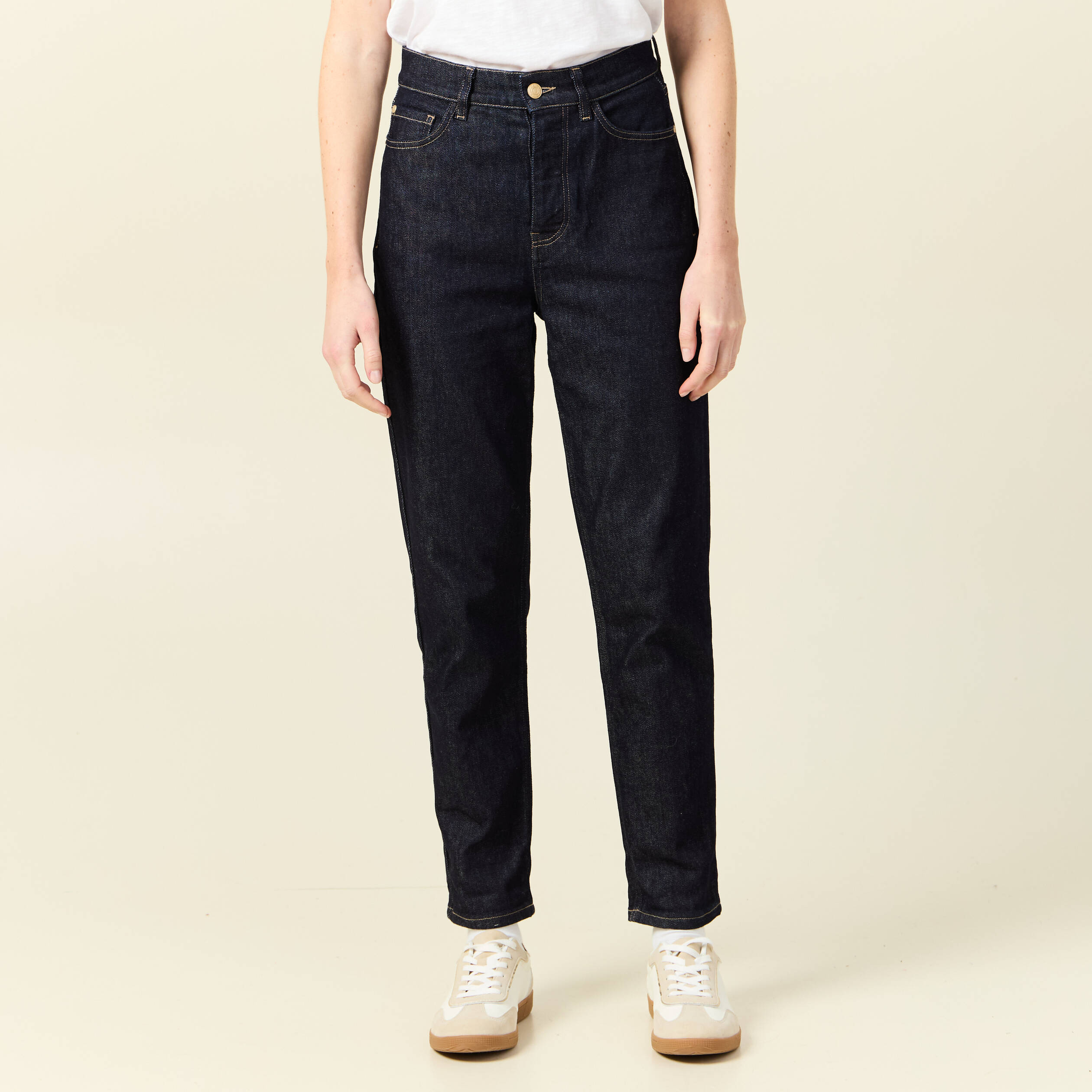 Jeans mom cropped taille haute denim double stone femme | La Halle