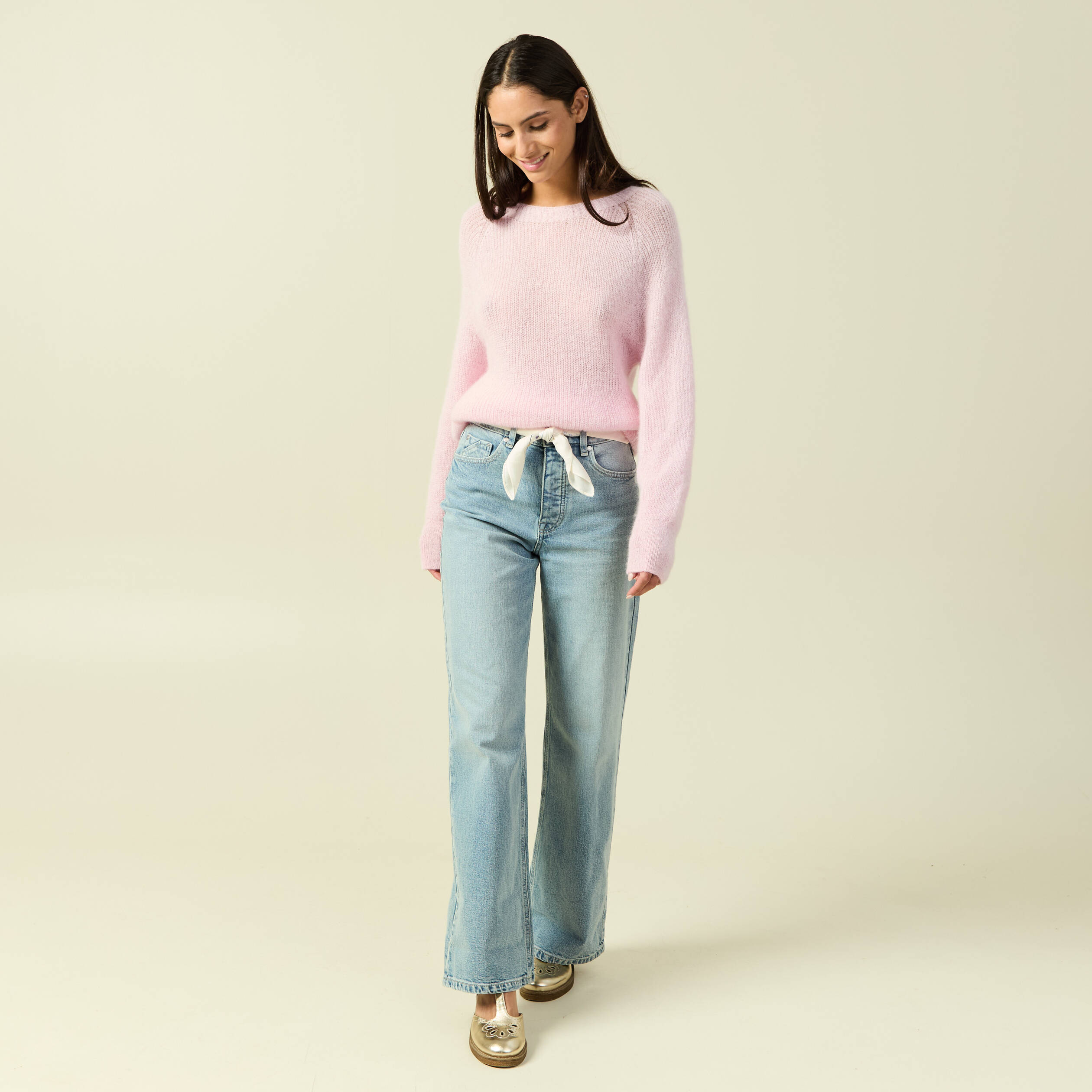Pull manches longues col rond rose femme