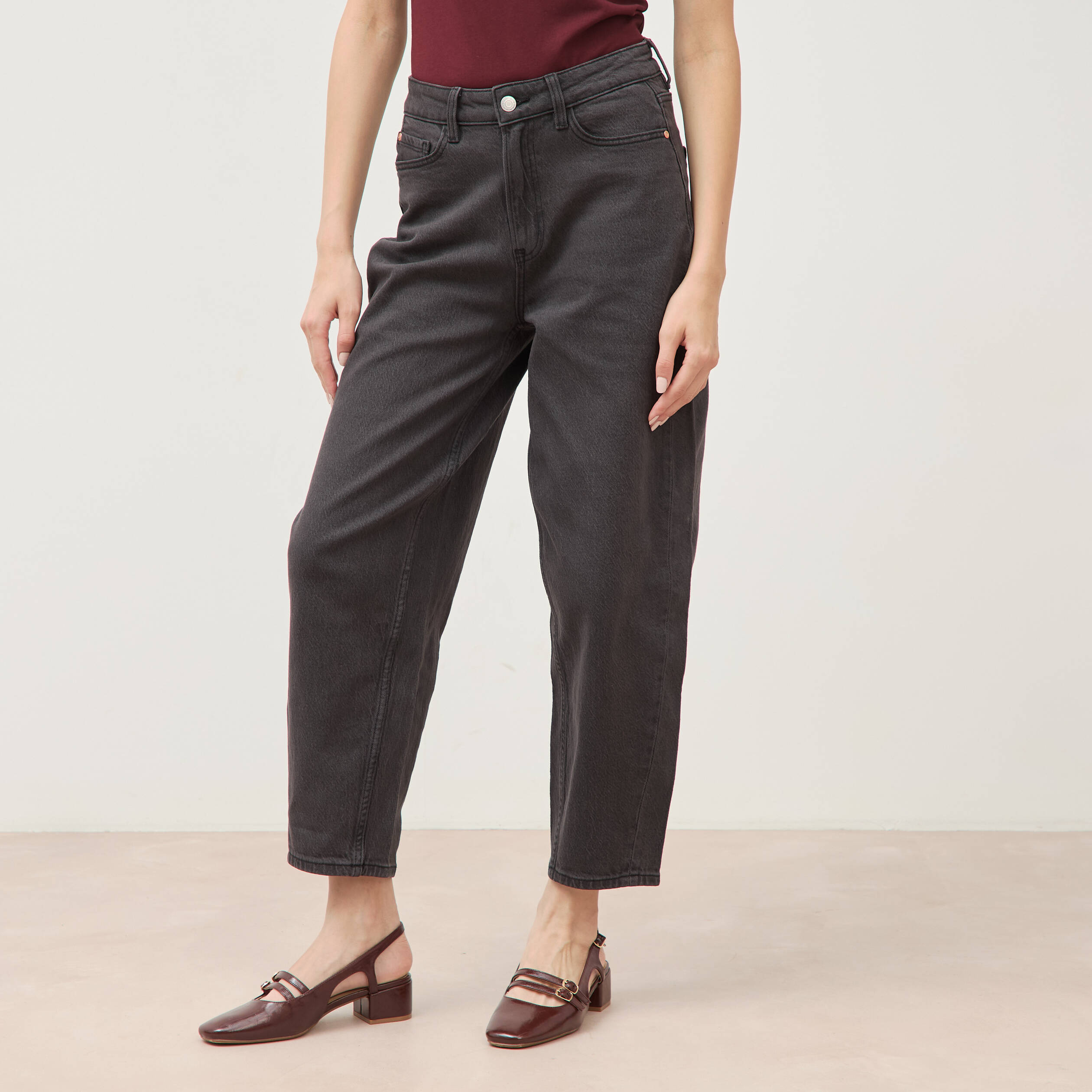 Jeans barrel taille haute 7/8&egrave;me denim gris femme