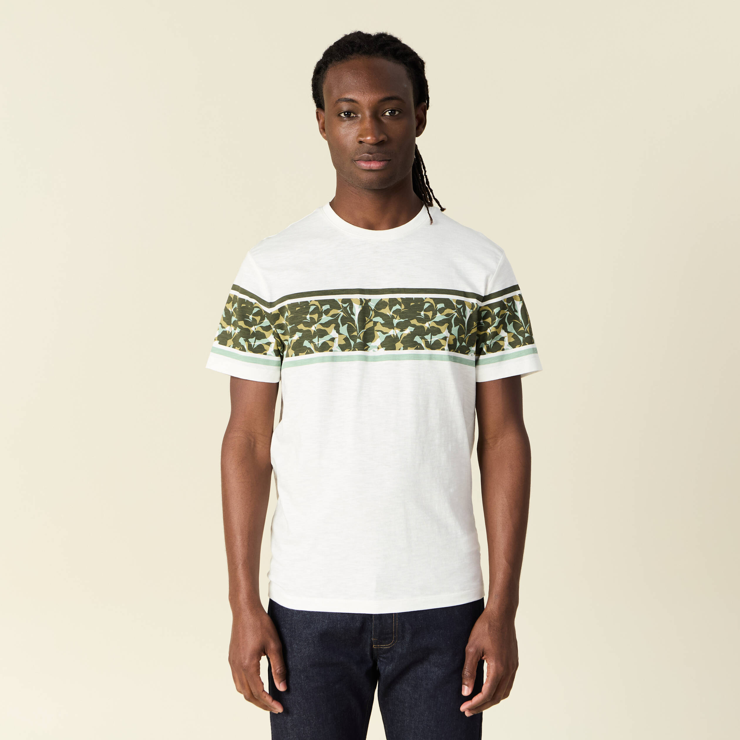 T-shirt coupe droite en coton col rond vert olive homme