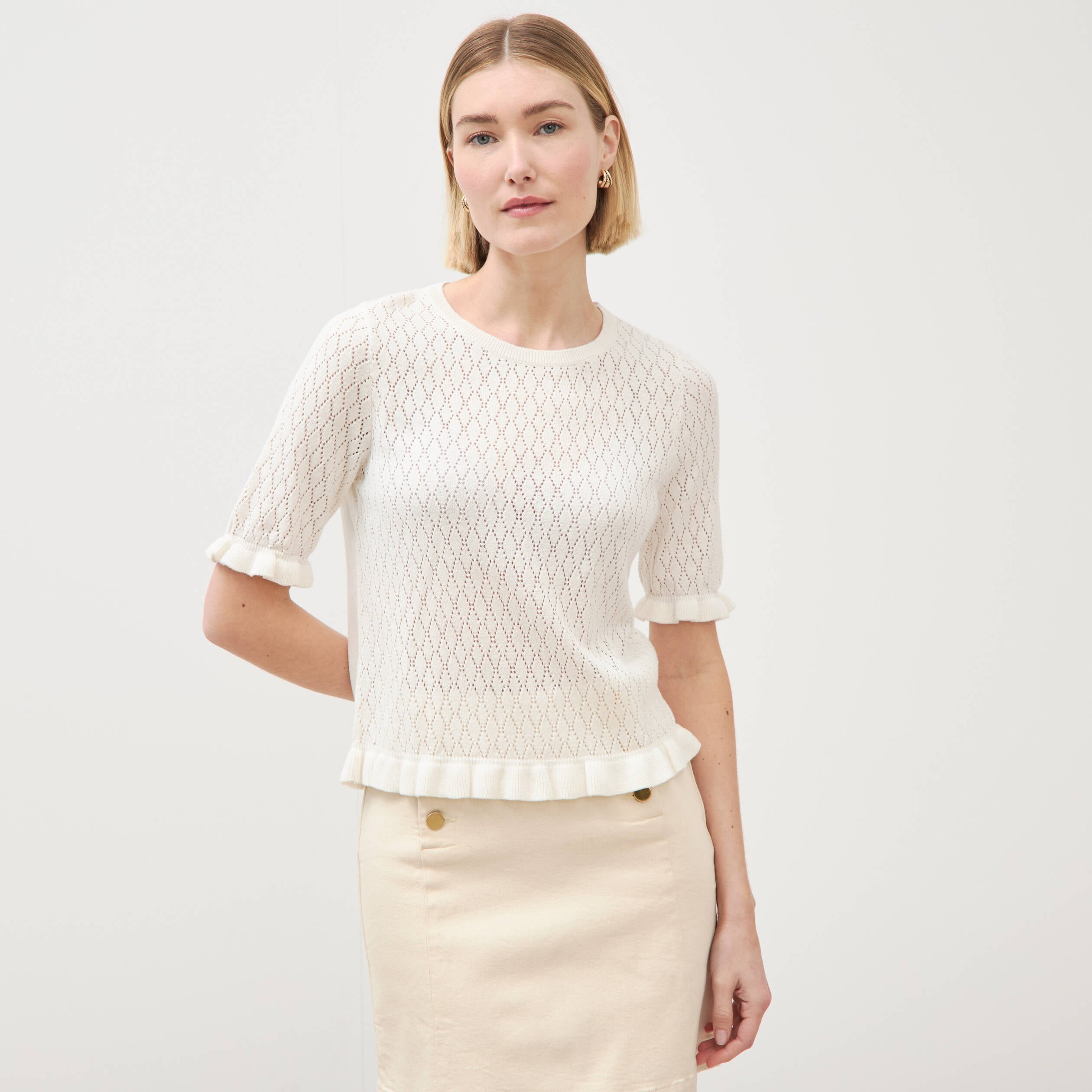 Pull ajour&eacute; droit manches courtes ecru femme