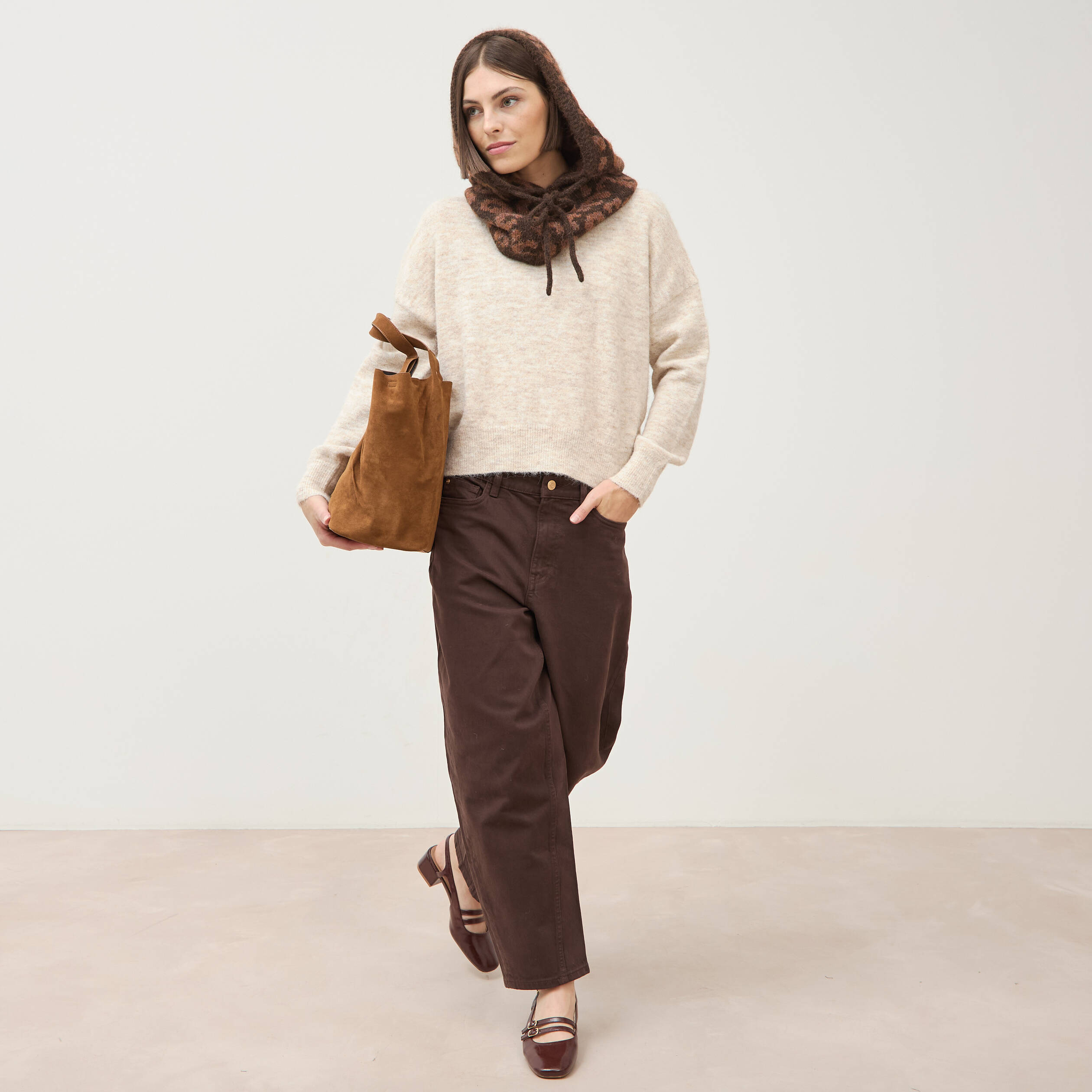 Pull droit manches longues col rond creme femme