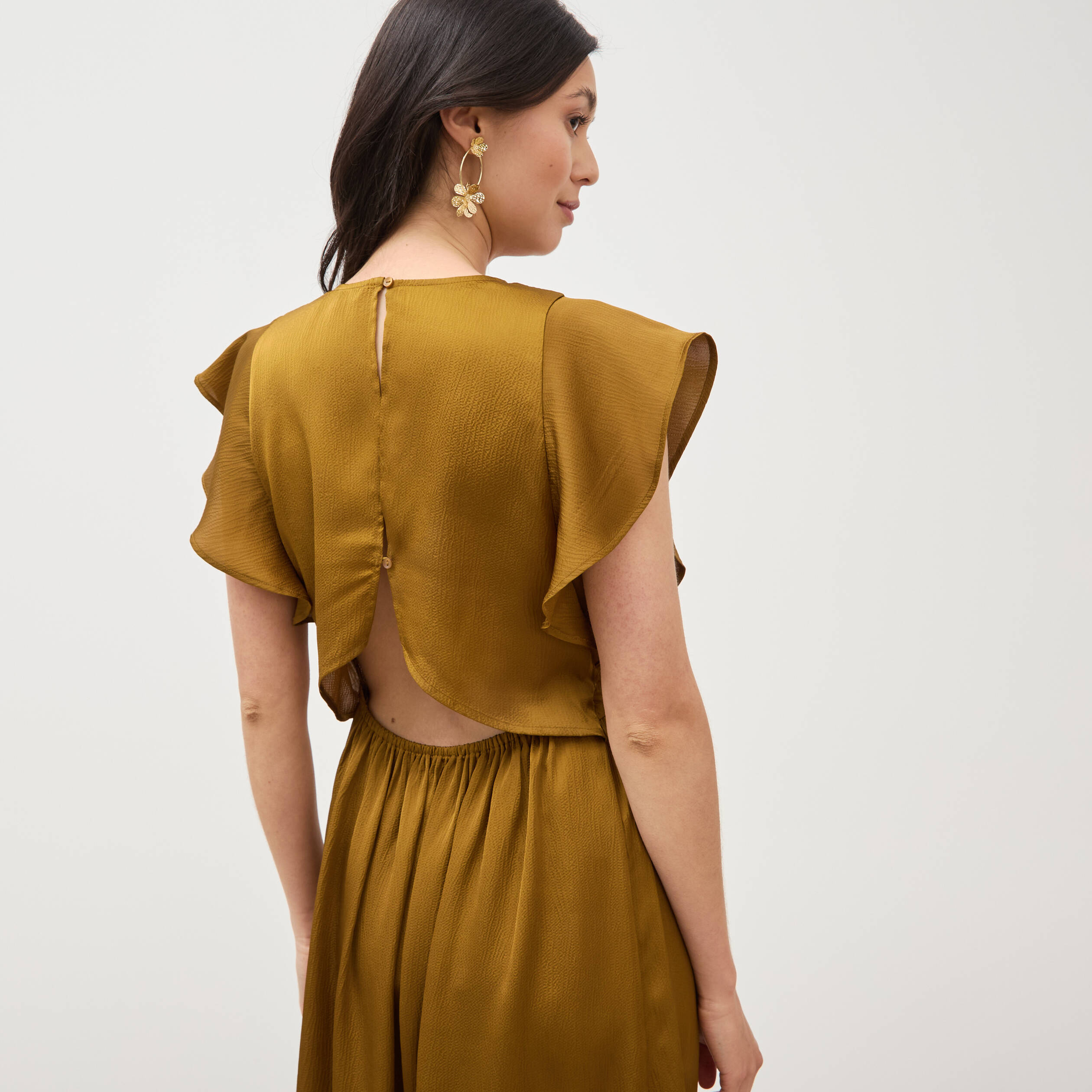 Robe fluide col v manches courtes vert olive femme