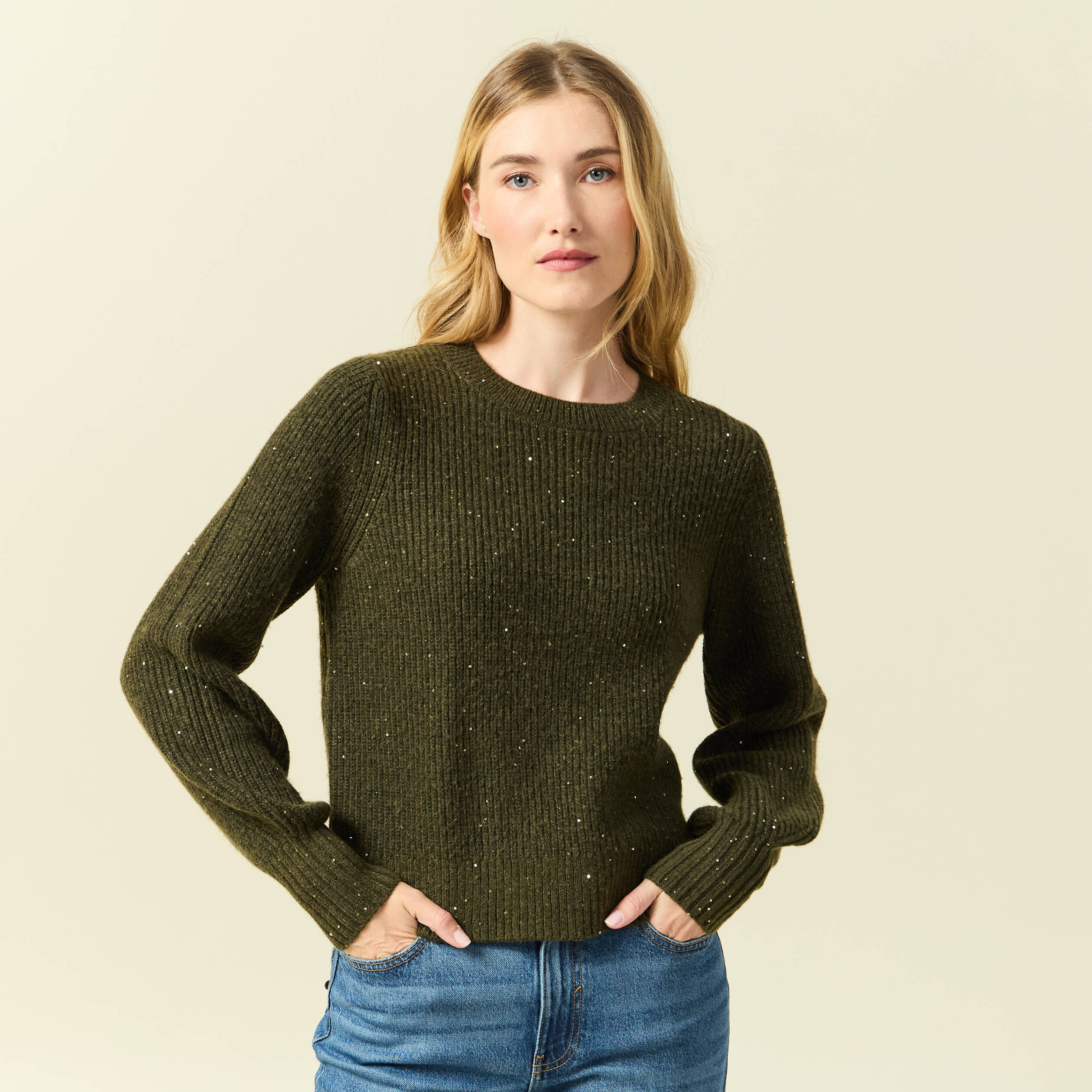Pull manches longues col rond à sequins vert kaki femme Vibs