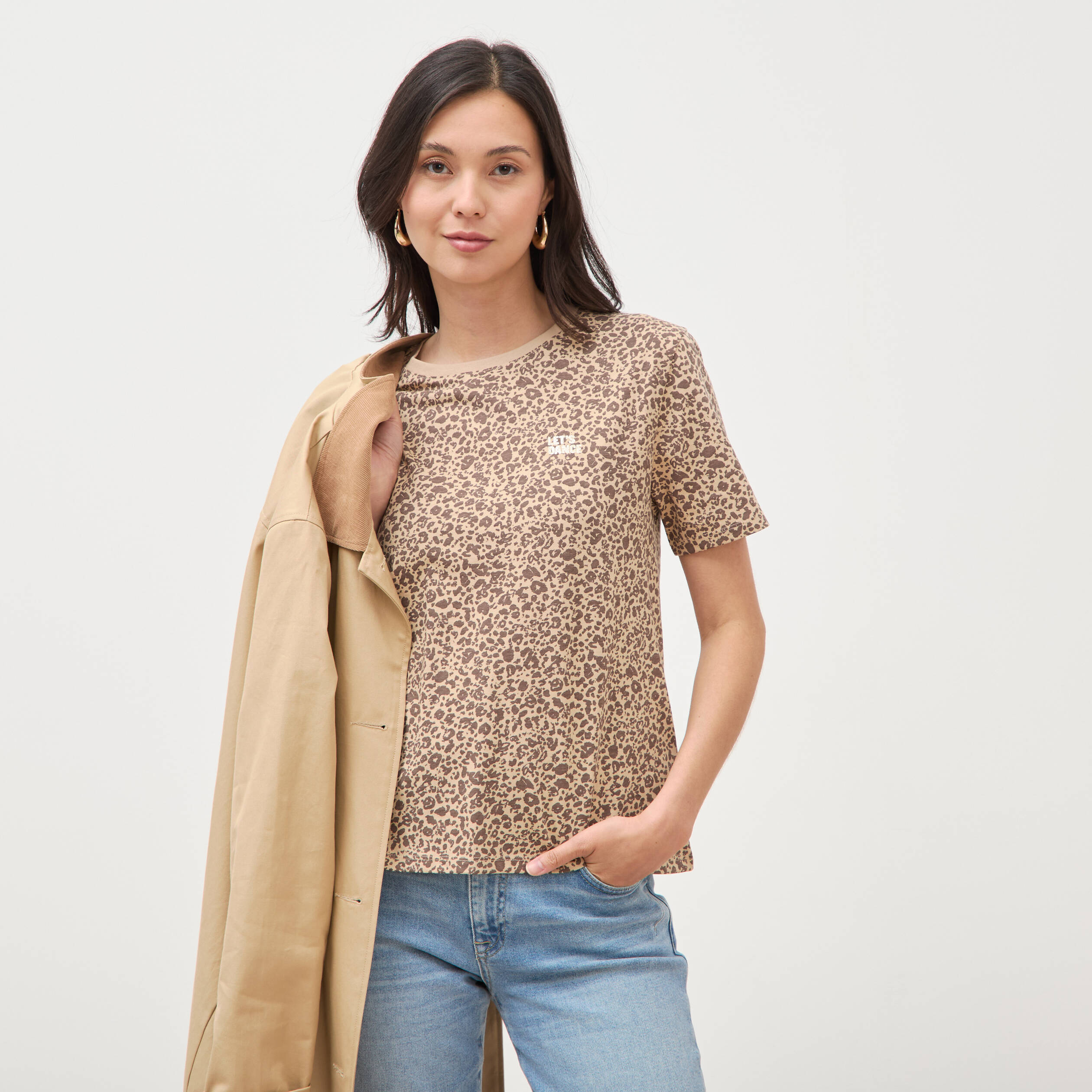 T-shirt droit col rond manches courtes sable femme