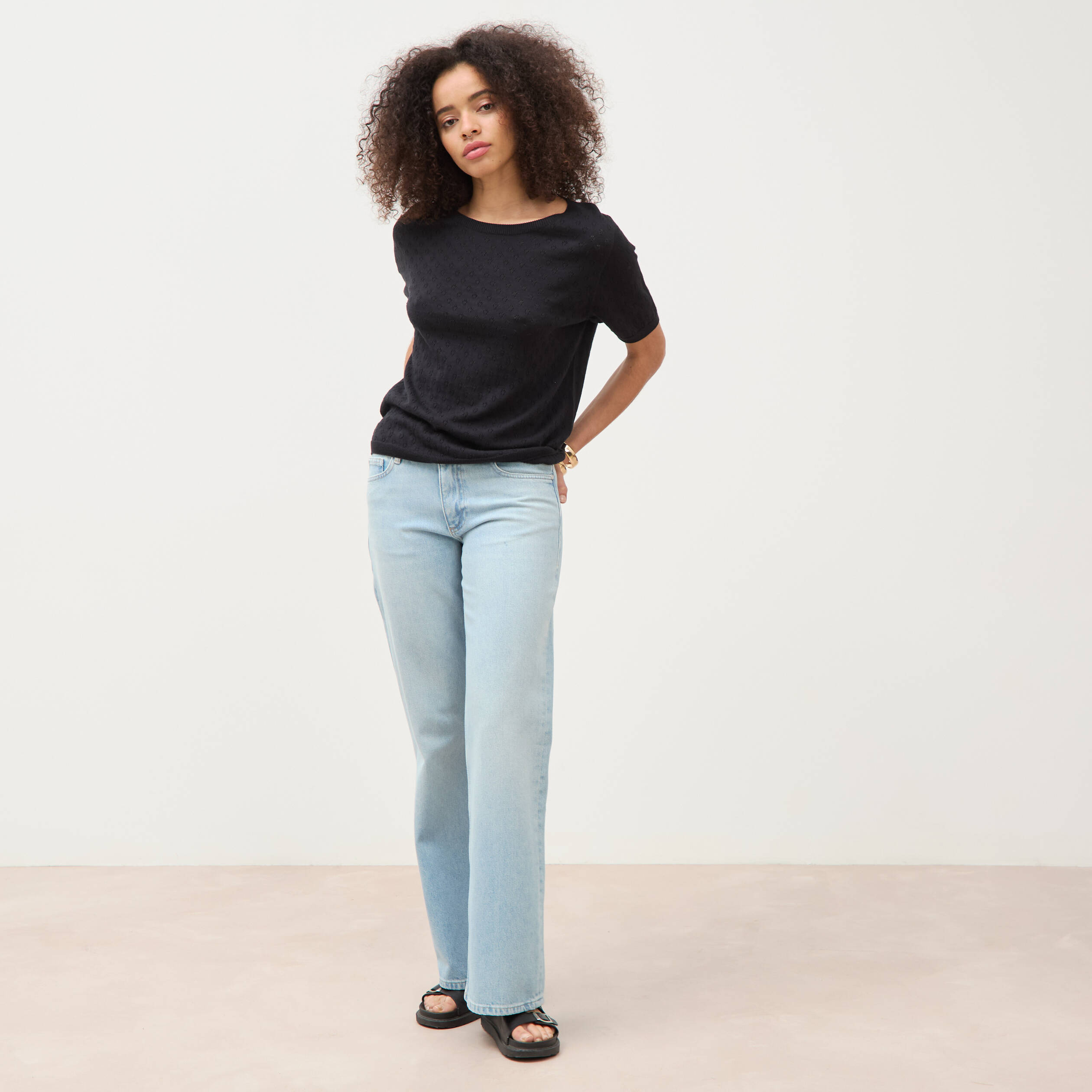 Jeans wide leg taille bascul&eacute;e bleu femme